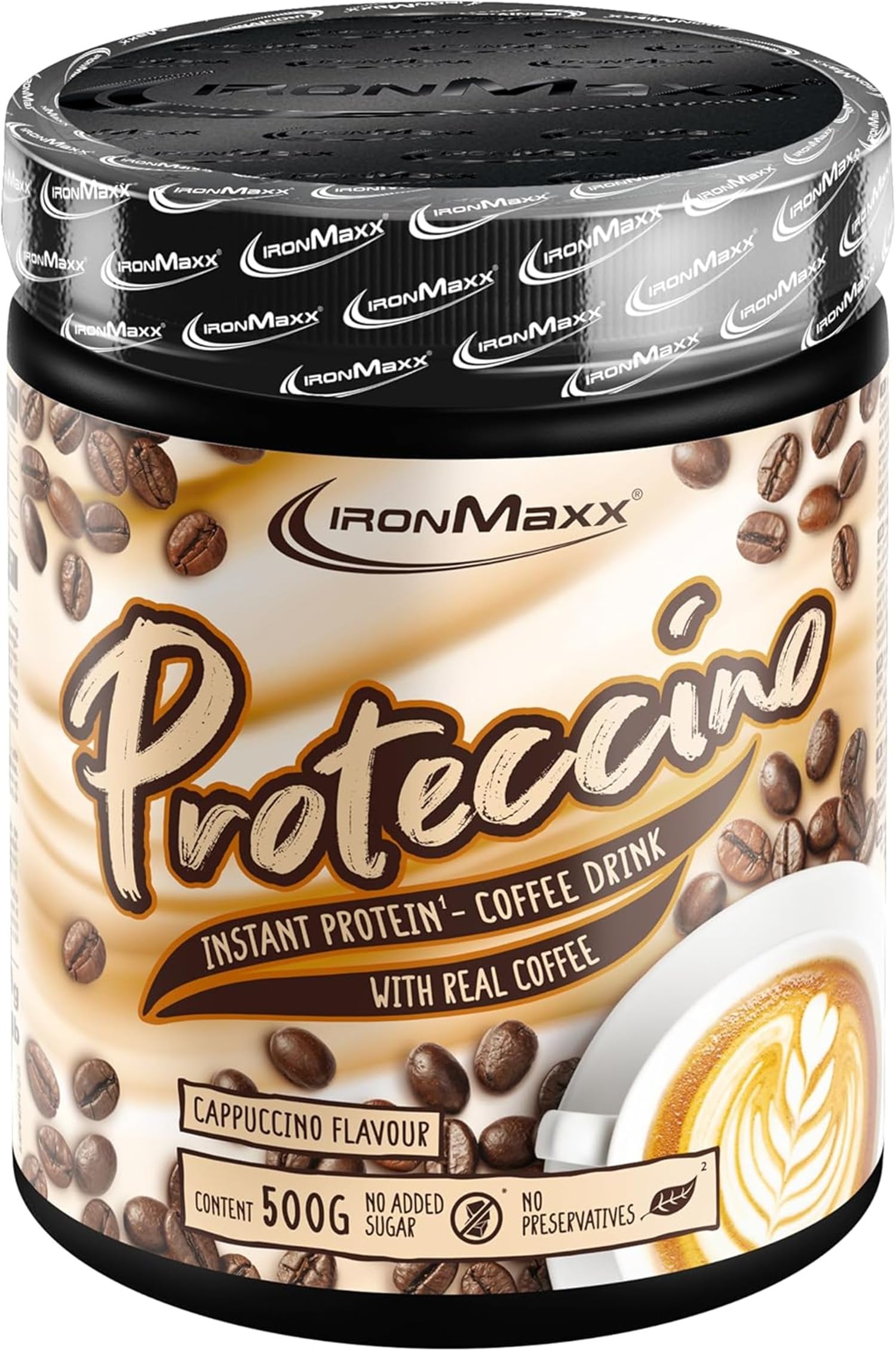 IronMaxx Proteccino Cappuccino 500 g – Café instantané protéiné avec whey protéine et caféine, sans sucres ajoutés, poudre pour boisson protéinée gourmande, idéale pour routine sportive