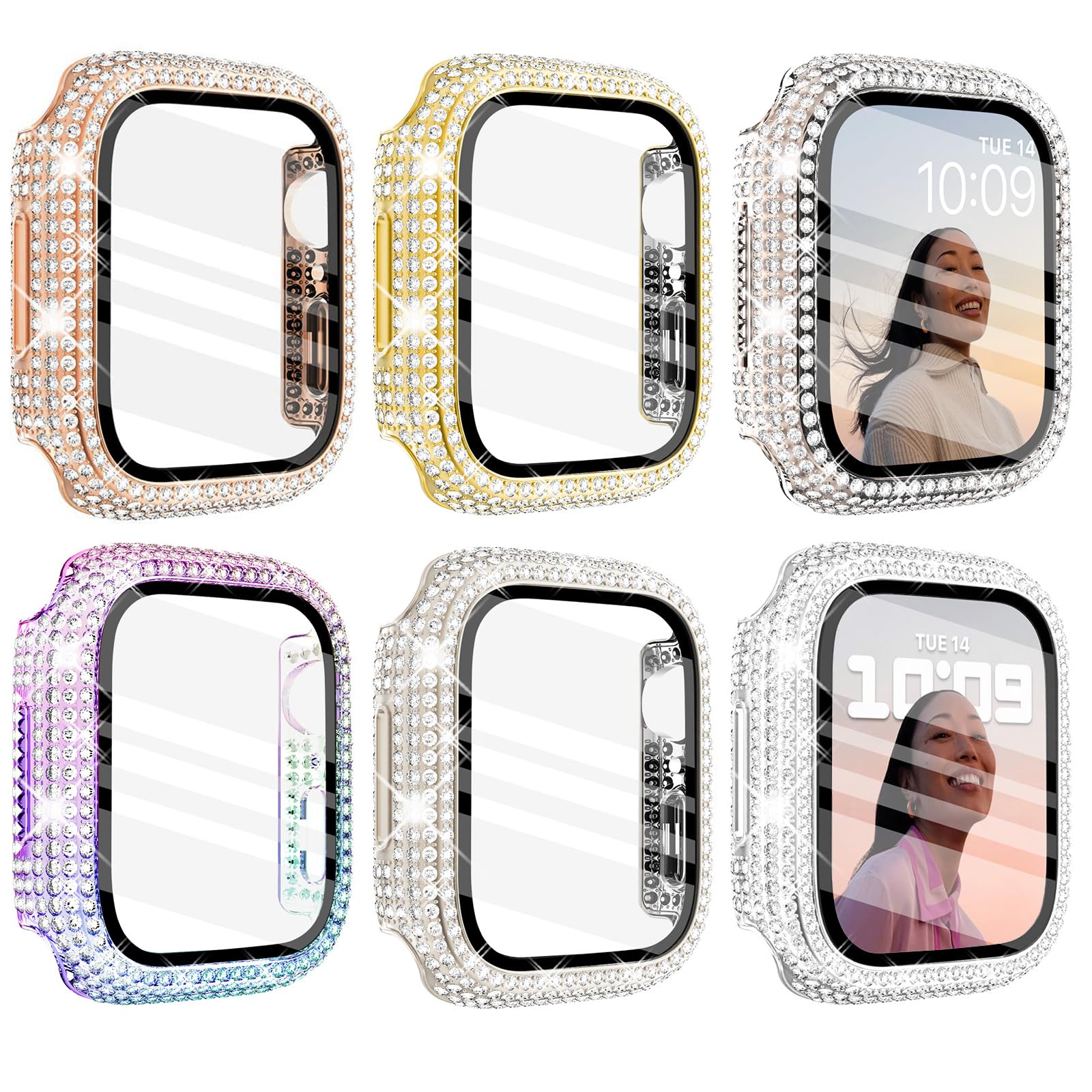 WINGLE Compatible with Apple Watch Screen Protector 44mm SE 3 2 1/ Series 6 5 4, Women Shiny Diamond Cover with Tempered Glass Screen Protector for Apple Watch Case 44mm,Clear — view 28