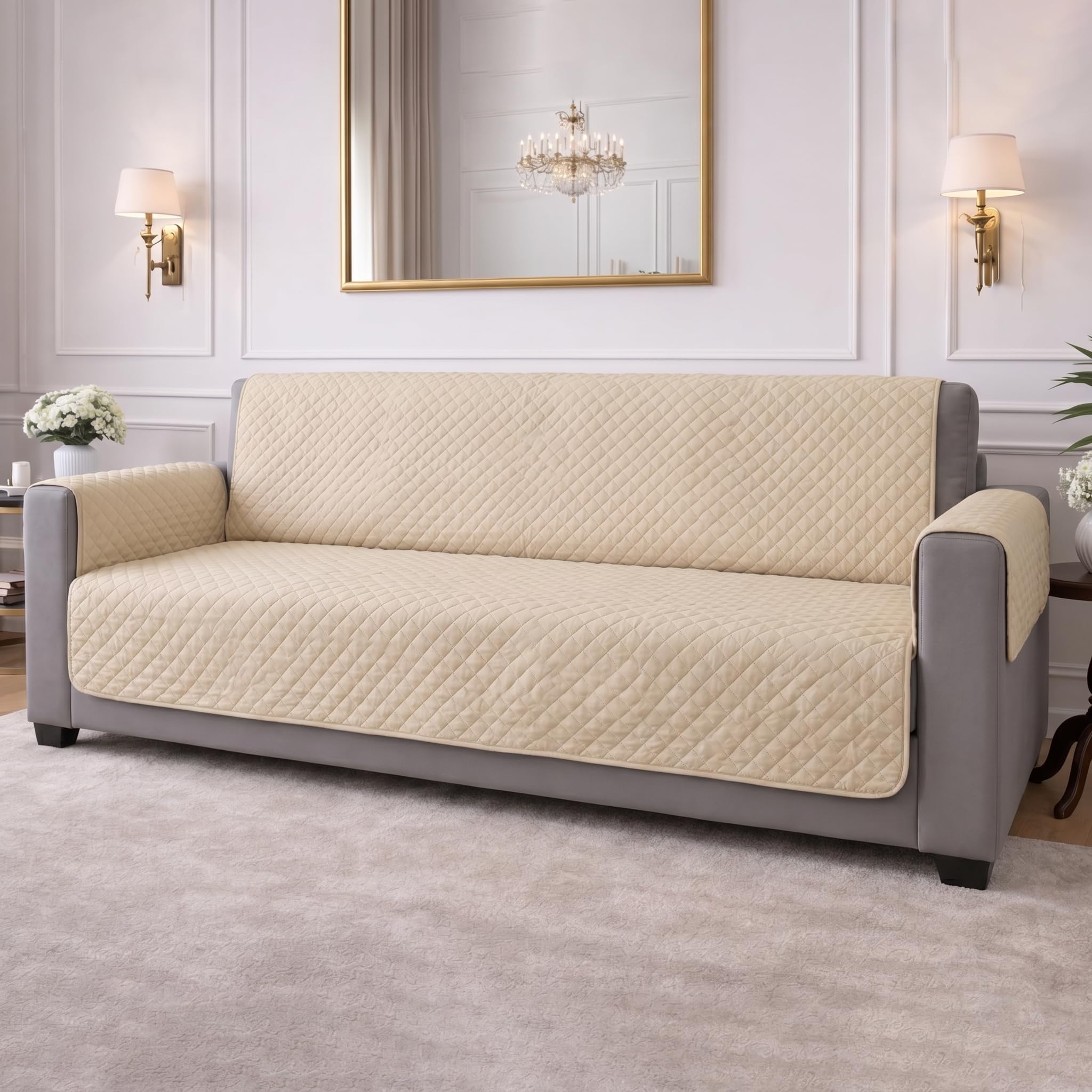 STITCHNEST 'Airsoft Range Series' Solid Quilted Velvet Sofa Cover for 3 Seater | Premium Soft Velvet Sofa Protector | Beige Diamond Quilted Design with Armrest Pockets | Furniture Cover