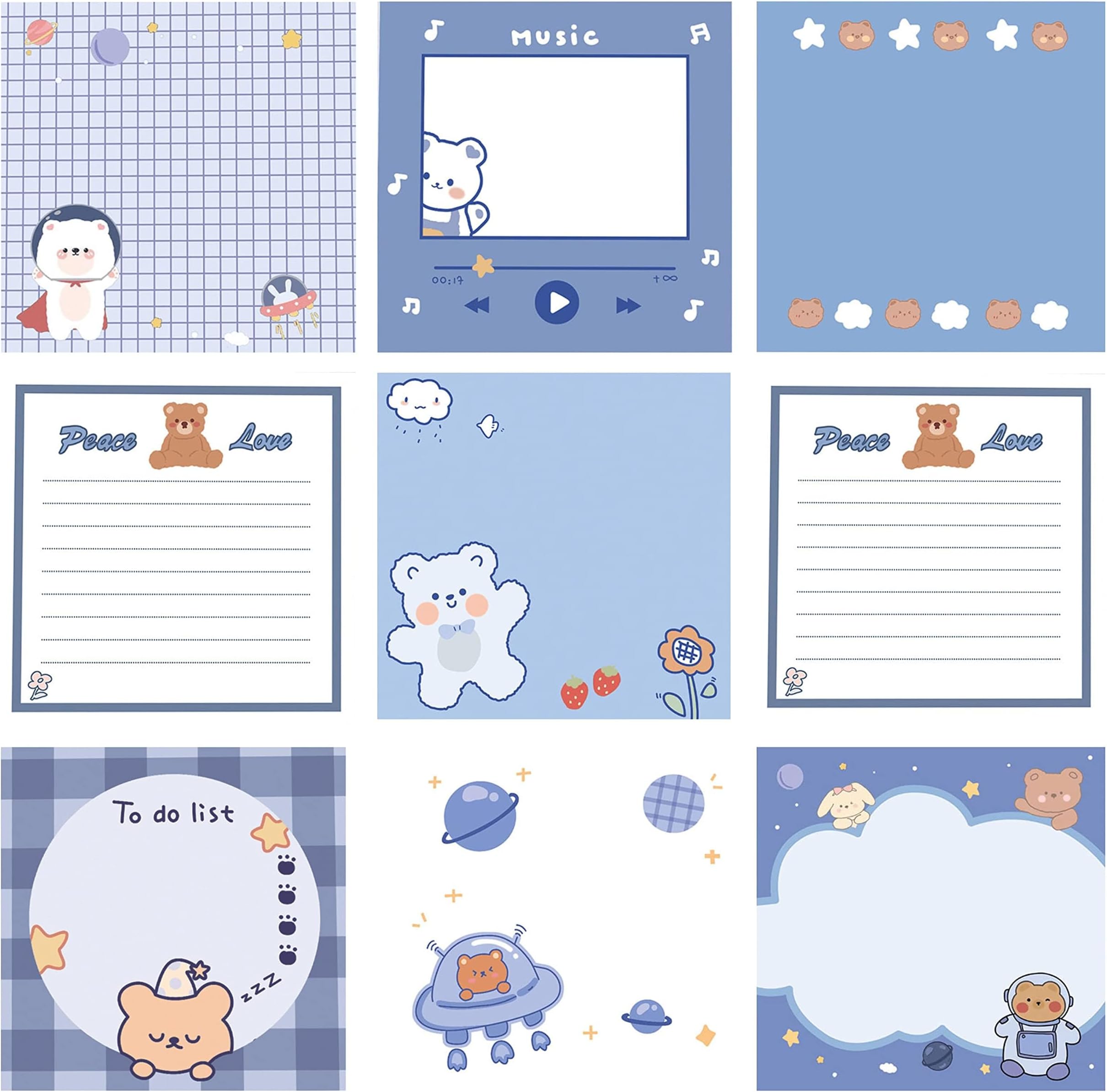Cute Sticky Notes, Little Bear Kawaii Sticky Notes, Self-Adhesive Note Pads for Students, Teachers, Home & Office - 50 Sheets/Pad, 9 Pads/Pack