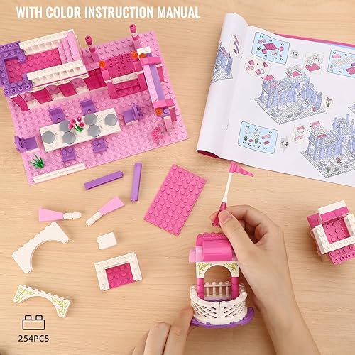 Miniatura 6 de Dream Girls - Juego de construcción de castillo de 254 piezas de palacio rosa, castillo de princesa, juguete para construir con 2 mini muñecas,