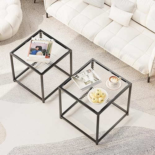 Miniatura 4 de Garden 4 you Juego de 2 mesas de centro, mesa anidable de vidrio con patrón moderno, juego de mesa central cuadrada con marco de metal, mesas