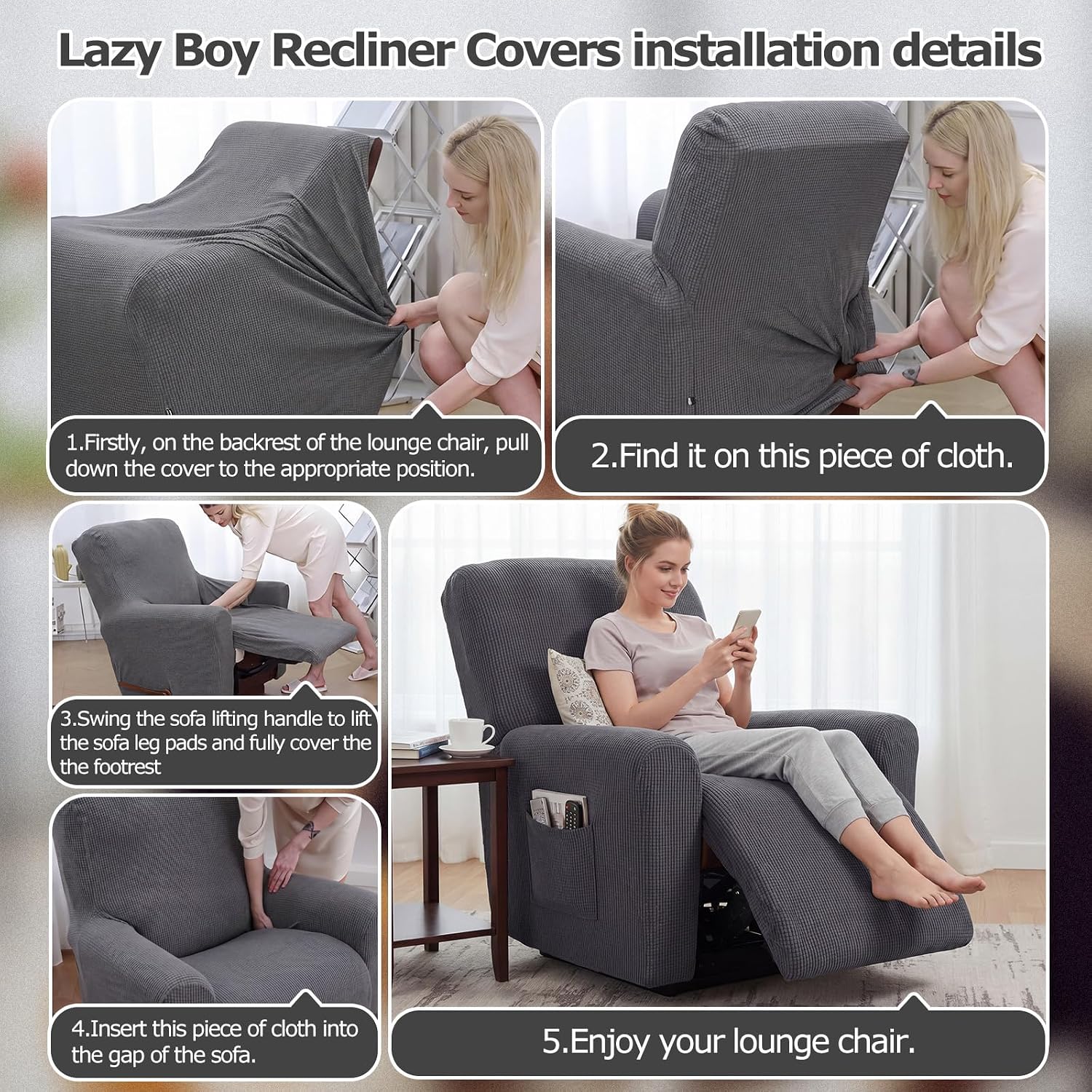 Fanfanwin 2 Pack Recliner Chair Covers, Lazy Recliner Slipcover Stretch One Piece Full Coverage Furniture Protector with Side Pocket, Fits Seat Length 24"-37", Machine Washable(Dark Gray)