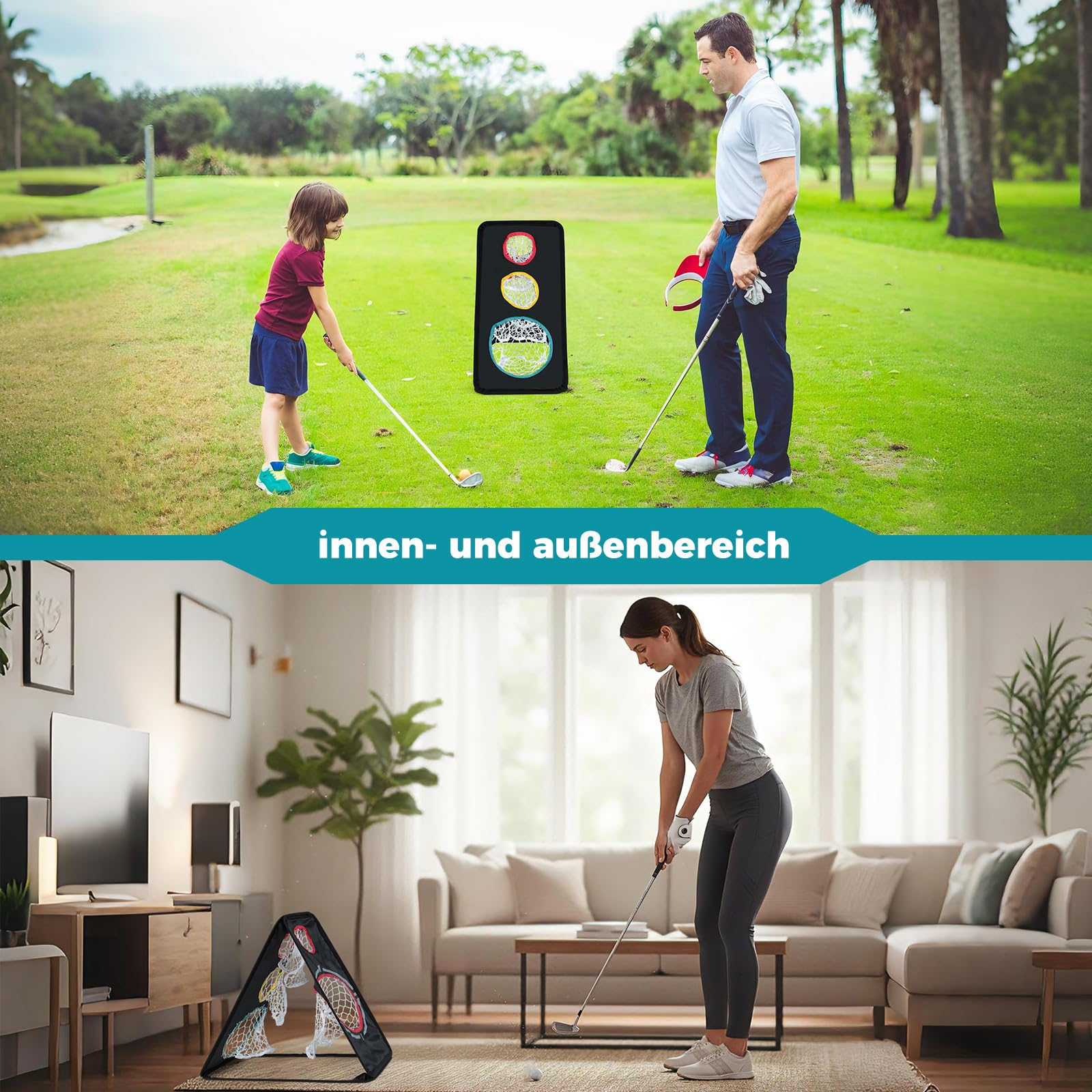 COSTWAY Golf Chipping Netz, doppelseitiges Übungsnetz tragbar & faltbar, Golfnetz aus Oxford-Gewebe mit 5 Zielzonen & dreieckige Struktur, Golf Zielnetz Trainingsnetz für Indoor & Outdoor