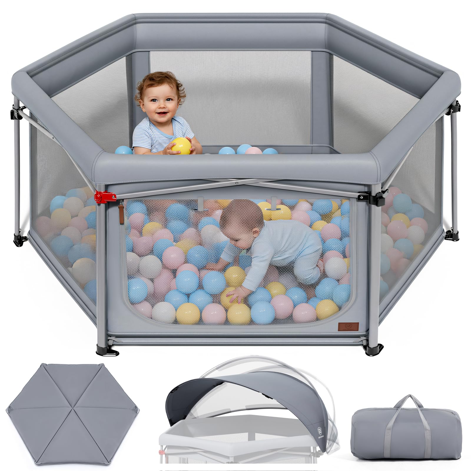 EVER ADVANCED Foldable Baby Playpen with 180° Rotatable Canopy, Outdoor & Indoor Baby Playpen with Double Mat, Folding Kids Beach Tent with Sunshade, Portable Folding Playard for Babies, Toddler, Grey