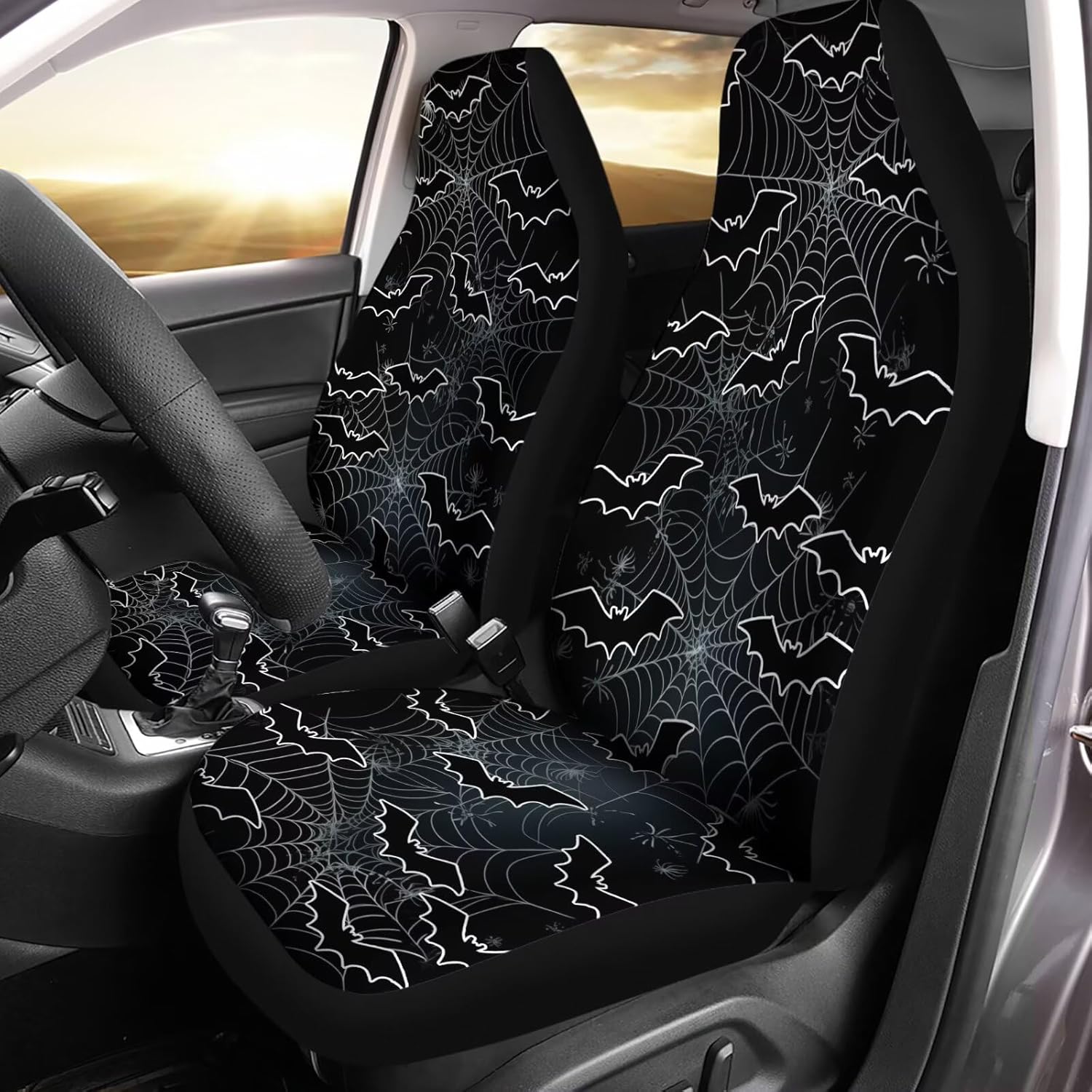 Black Halloween Bats Car Seat Covers Set, 2pcs Auto Front Seat Protector Universal Car Interior Accessories Full Set, Washable, Breathable, Waterproof