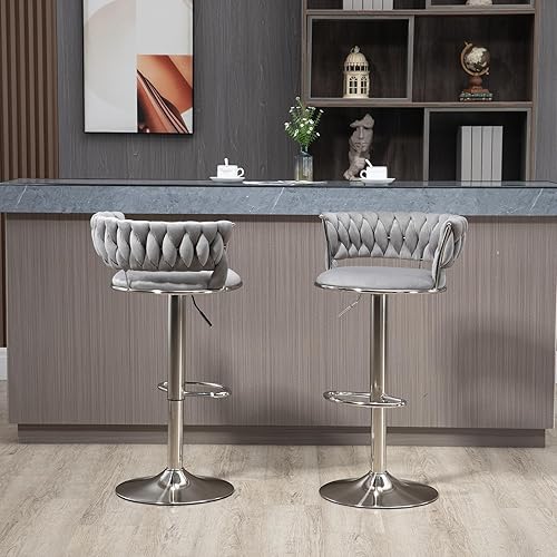 Miniatura 4 de Juego de 2 taburetes de bar grises, modernos taburetes de bar giratorios de 360 con respaldo tejido, base plateada, sillas de bar de terciopelo,