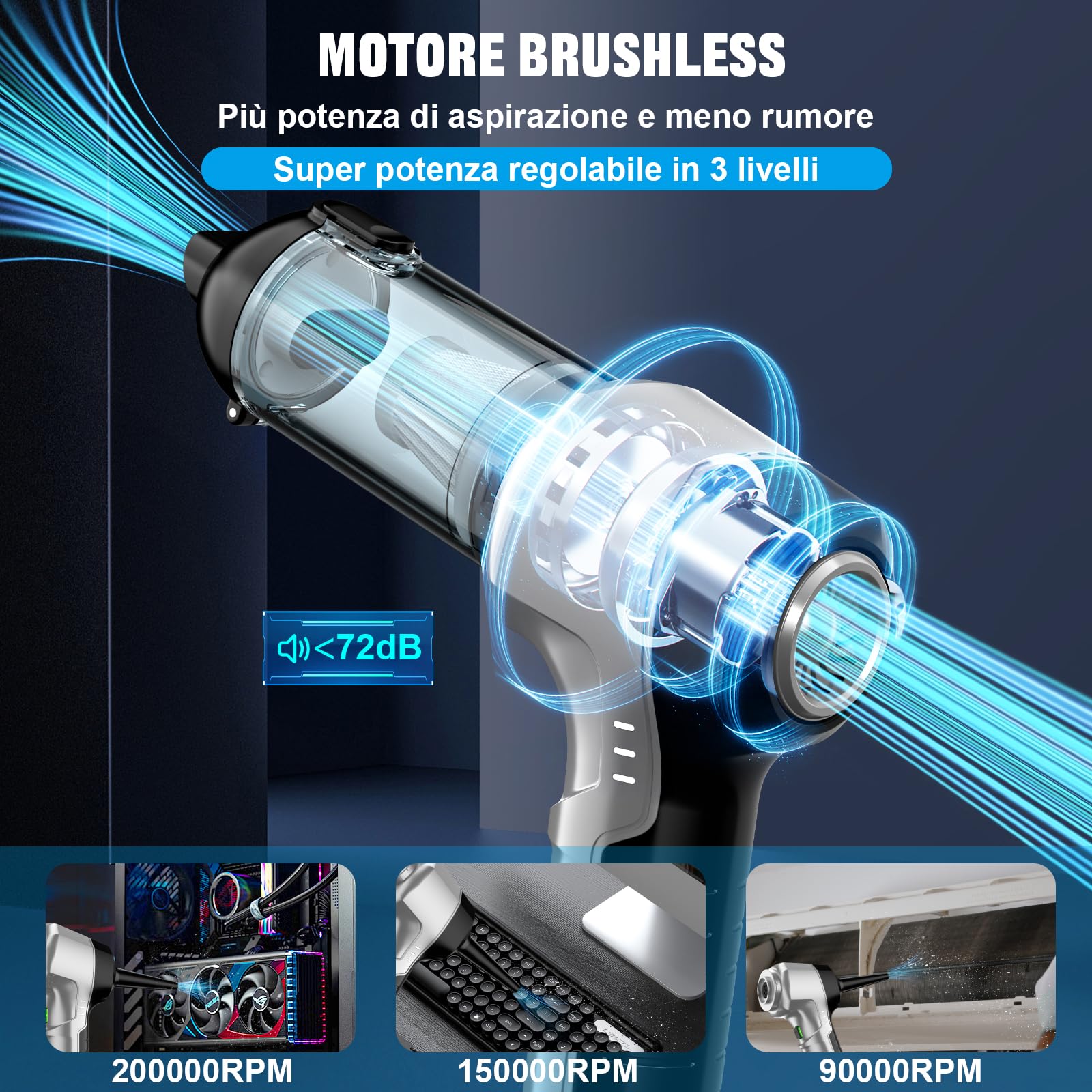 Aspirapolvere a mano a batteria 4 in 1, per auto, forte, 25000 PA a 3 marce, 220000 giri/min, senza fili, per auto, cucina, PC, divano, ufficio, casa e animali domestici
