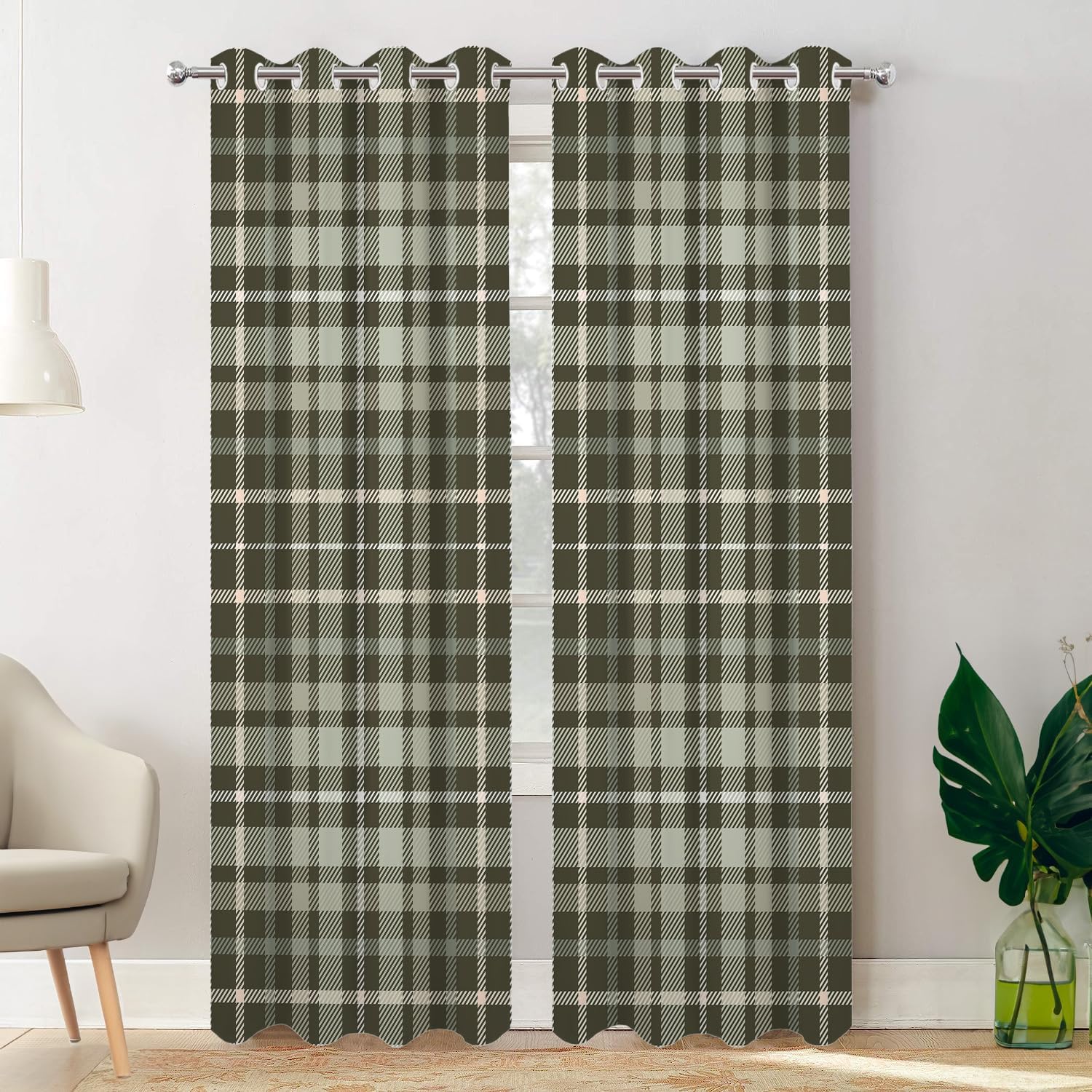 Amazon.com: Batmerry Gray Green Plaid Pattern Blackout Curtains for ...