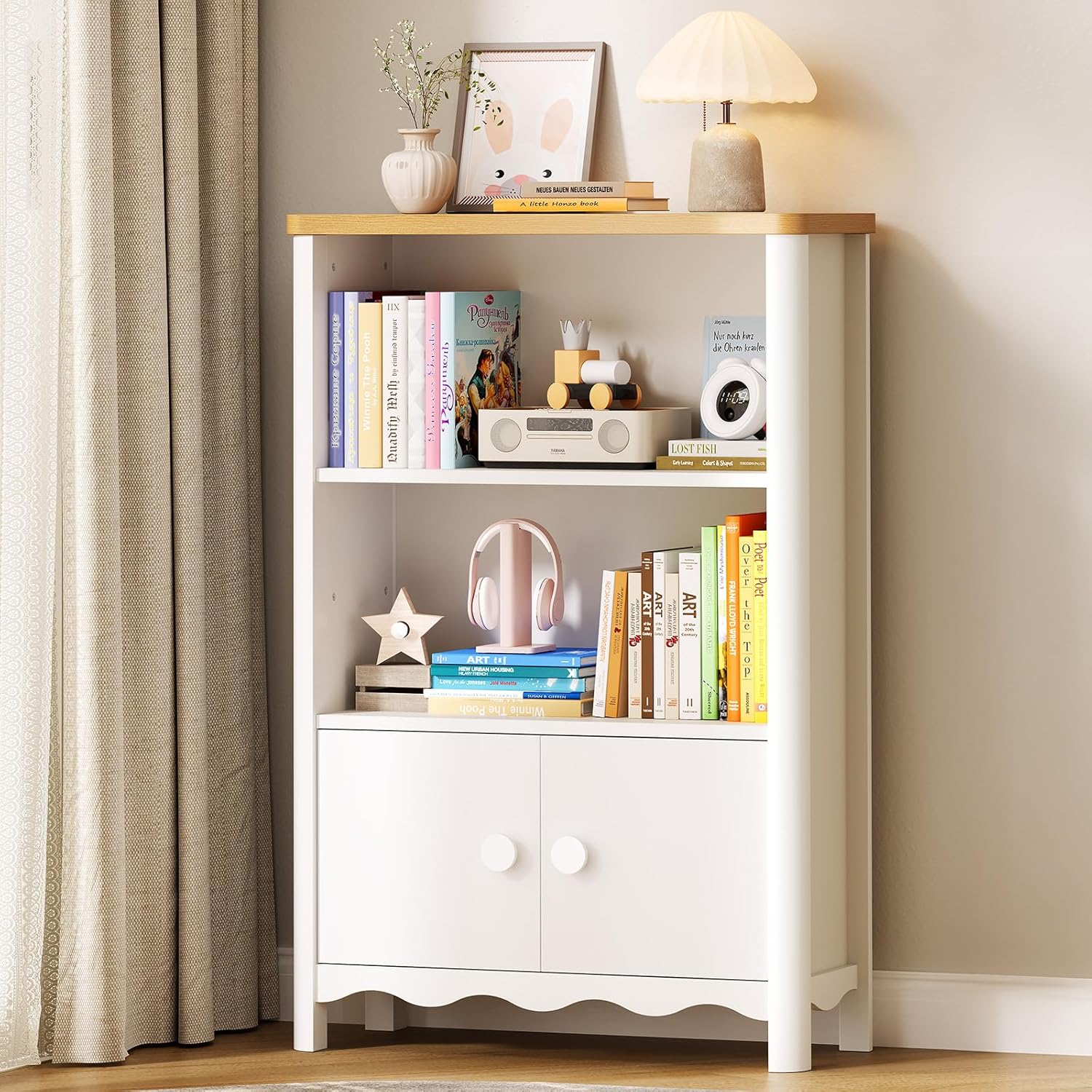 ONBRILL 3 Tier Wood Bookcase with Door, Tall Bookshelf and Toy Storage Organizer for Kids Rooms, Modern Bookcase for Living Room, Study Room, Office, Vinyl Record Storage Stand (White and Nature)