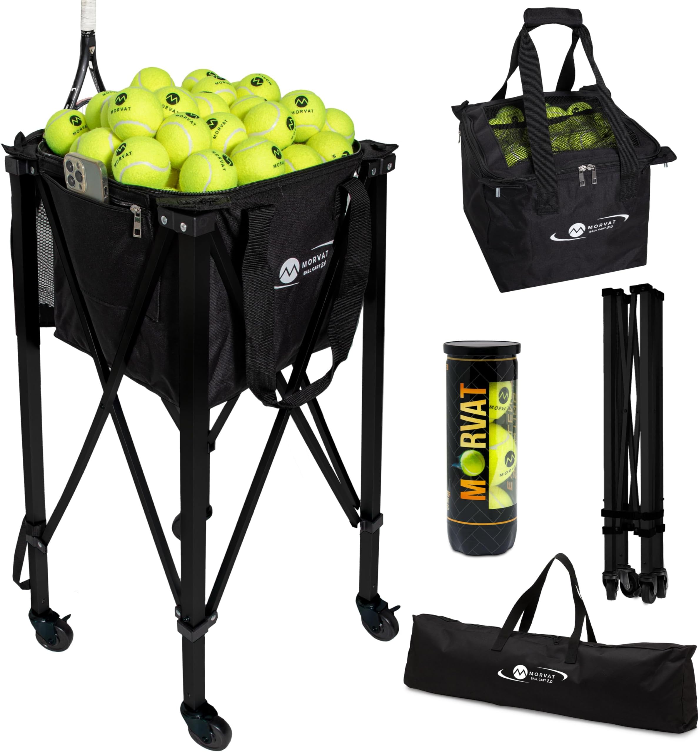 Professional Tennis & Pickle Ball Hopper Holds 165 Balls Heavy-Duty Pro Sports Practice Cart, Foldable Portable Compact & Lightweight Zippered Pocket & Racket Holder, Carry Bag + 3 Tennis Balls