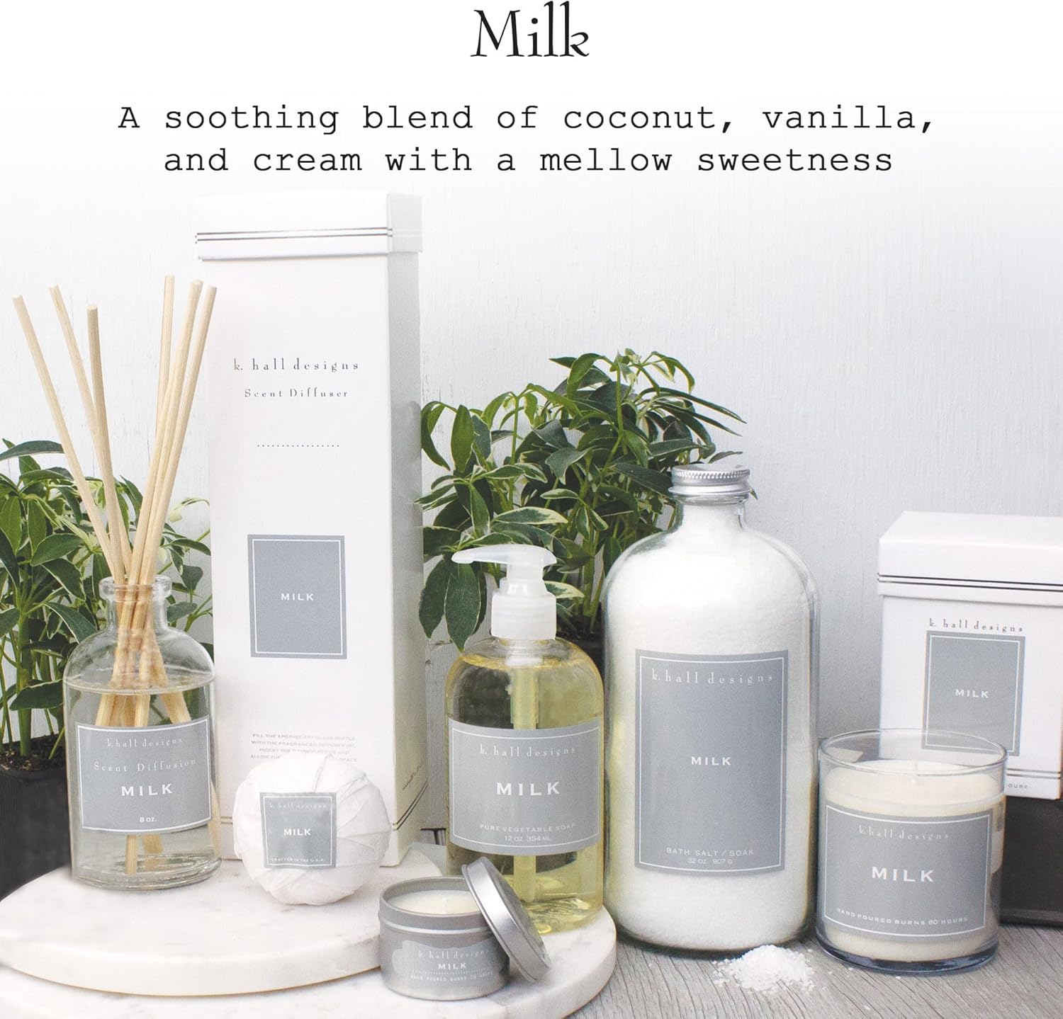 K. Hall Designs Milk Scent Boxed Diffuser Kit, Creamy-Sweet Scent with Coconut & Vanilla, Reed Diffuser Set for Home, Long Lasting Aroma Diffuser, Refillable, 8 fl oz