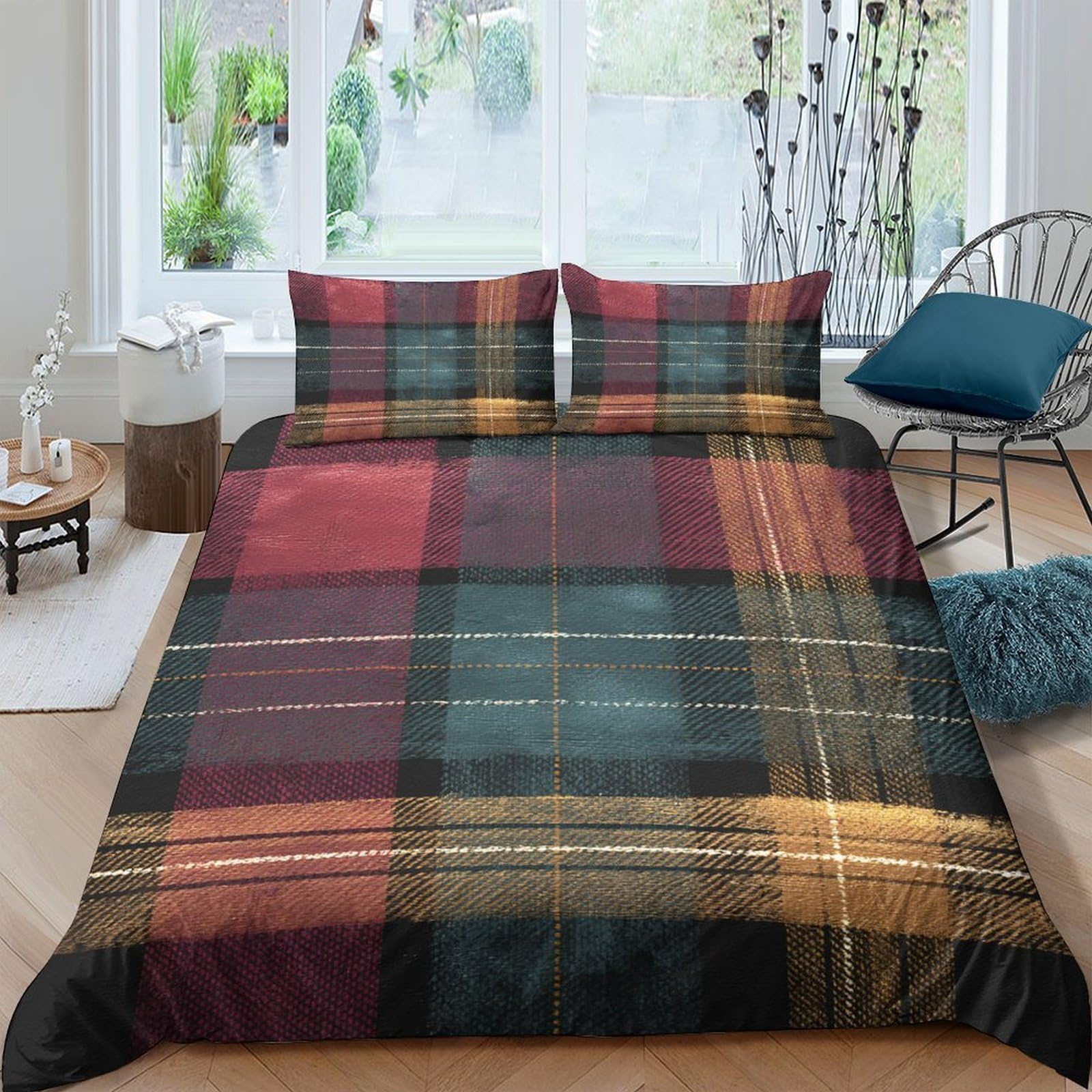 TUFRTGYHN 3D Printed Plaid Gradient Duvet Cover Microfiber Soft Breathable Tartan Stripes Bedding Set with 2 Pillowcases for Bedroom Decor Single（135x200cm）