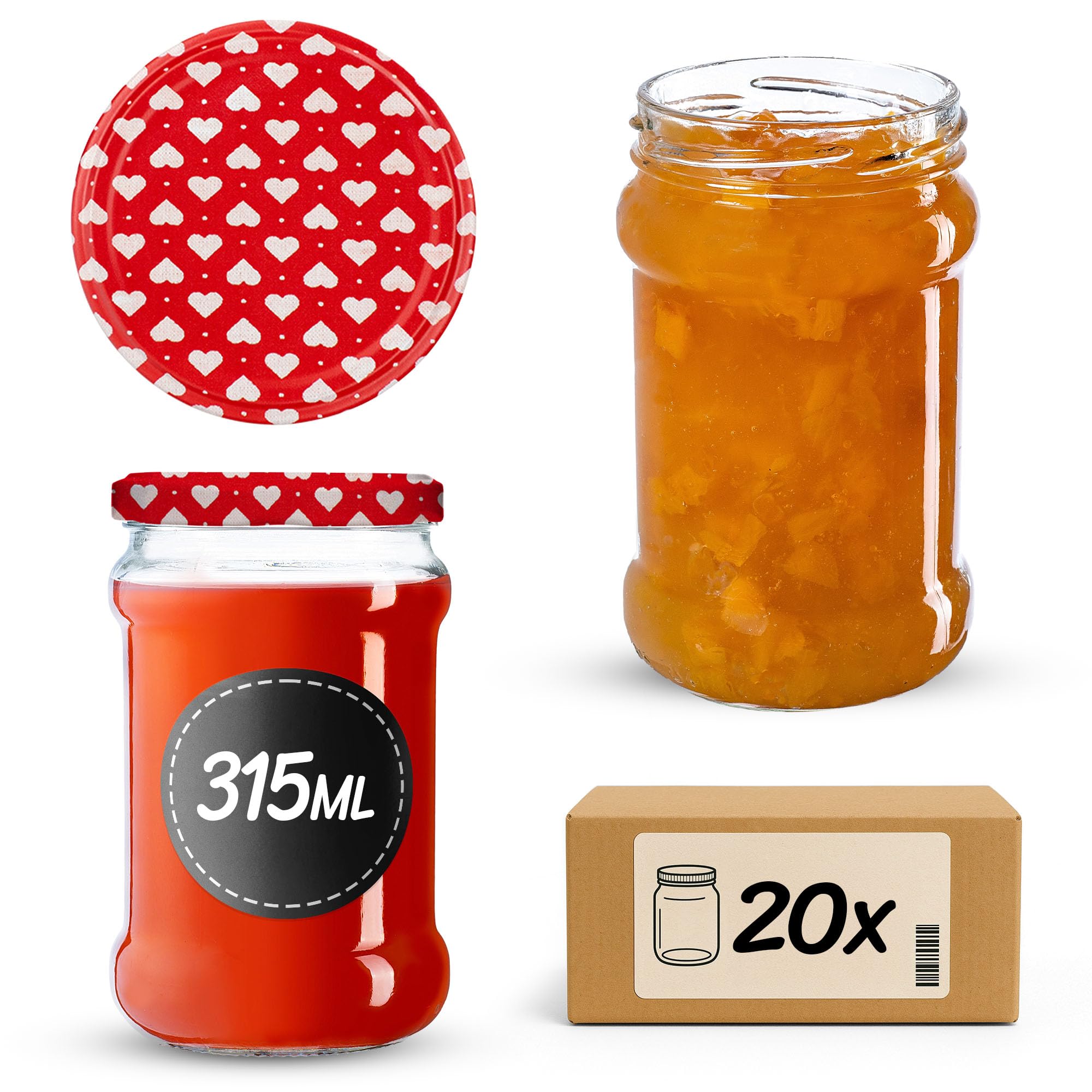 KADAX 20er Set Einmachgläser 315ml TO66 Herz, Marmeladengläser Vorratsgläser Mason Jar mit Schraubdeckel, Luftdicht & Spülmaschinenfest, Honig- & Dessertgläser