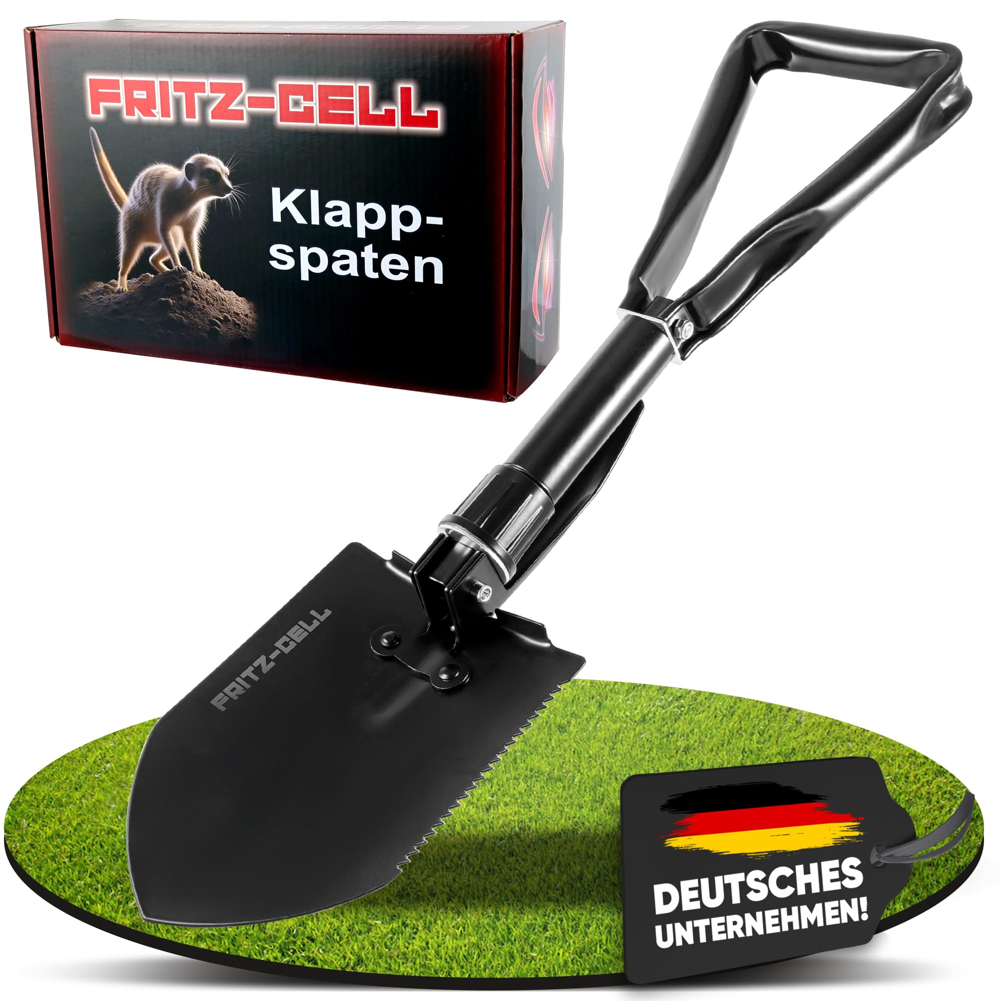 Klappspaten Fritz-Cell Bundeswehr Feldspaten Stil CC2 mit Hacke und Tasche für Camping und Survival