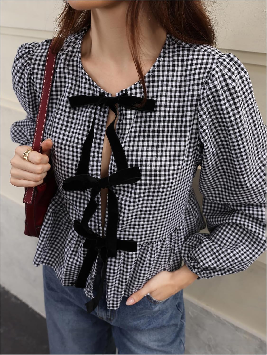 MakeMeChic Women's Gingham Babydoll Top Plaid Shirt Puff Long Sleeve Ruffle Peplum Bow Tie Front Y2k Fall Blouses - Image 4