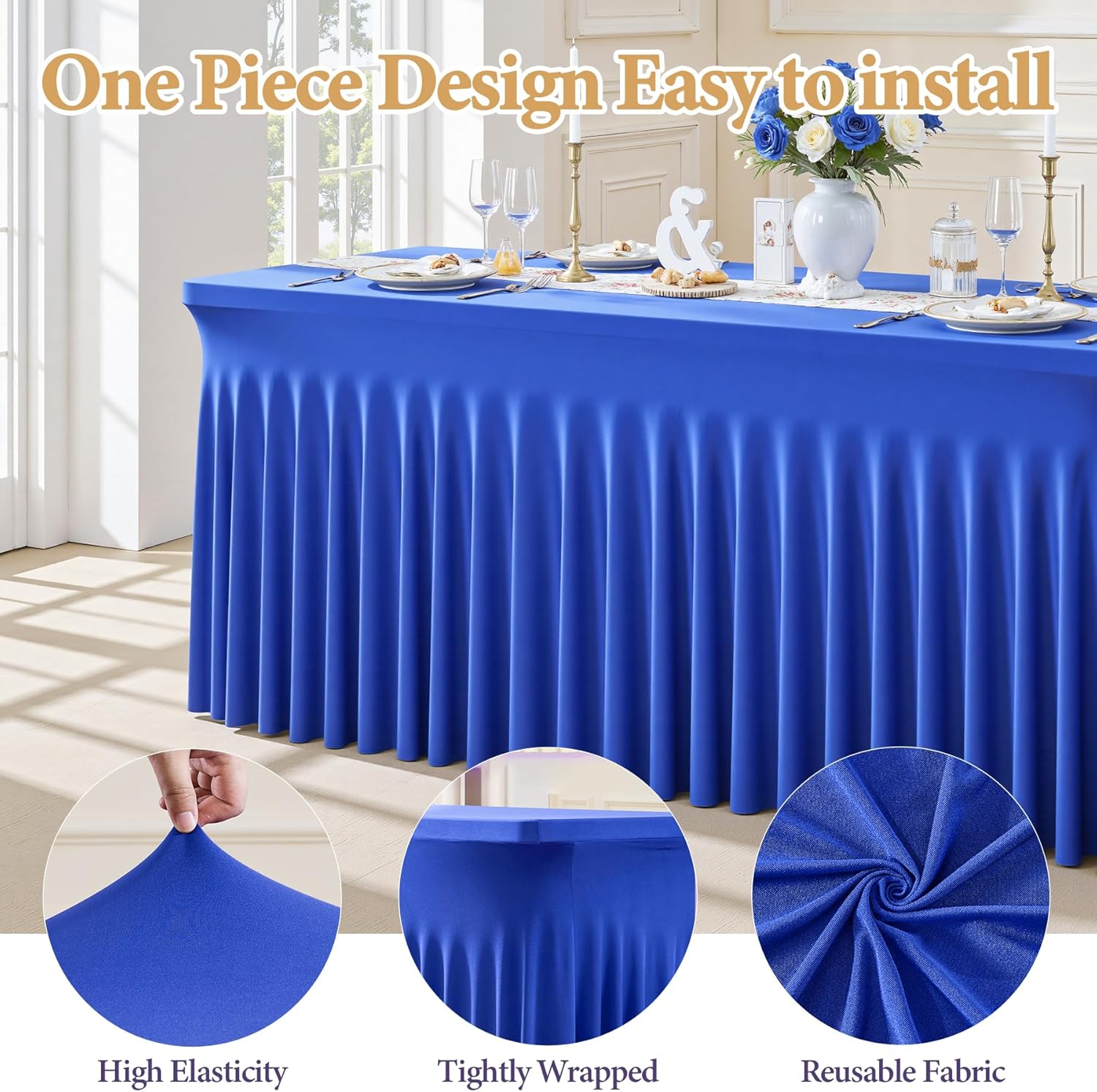 6 Packs Royal Blue Tableclothes for 6 Foot Rectangle Table, Wrinkle Free Spandex Tablecovers 6FT Stretch Fitted Table Cloth with Skirt for Birthday Parties Graduations Event Wedding Banquet