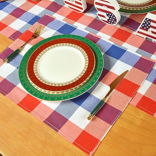 Miniatura 5 de yuboo Juego de 6 manteles individuales patrióticos de color rojo, blanco y azul, camino de mesa, 72 pulgadas, cubierta de mesa a cuadros para