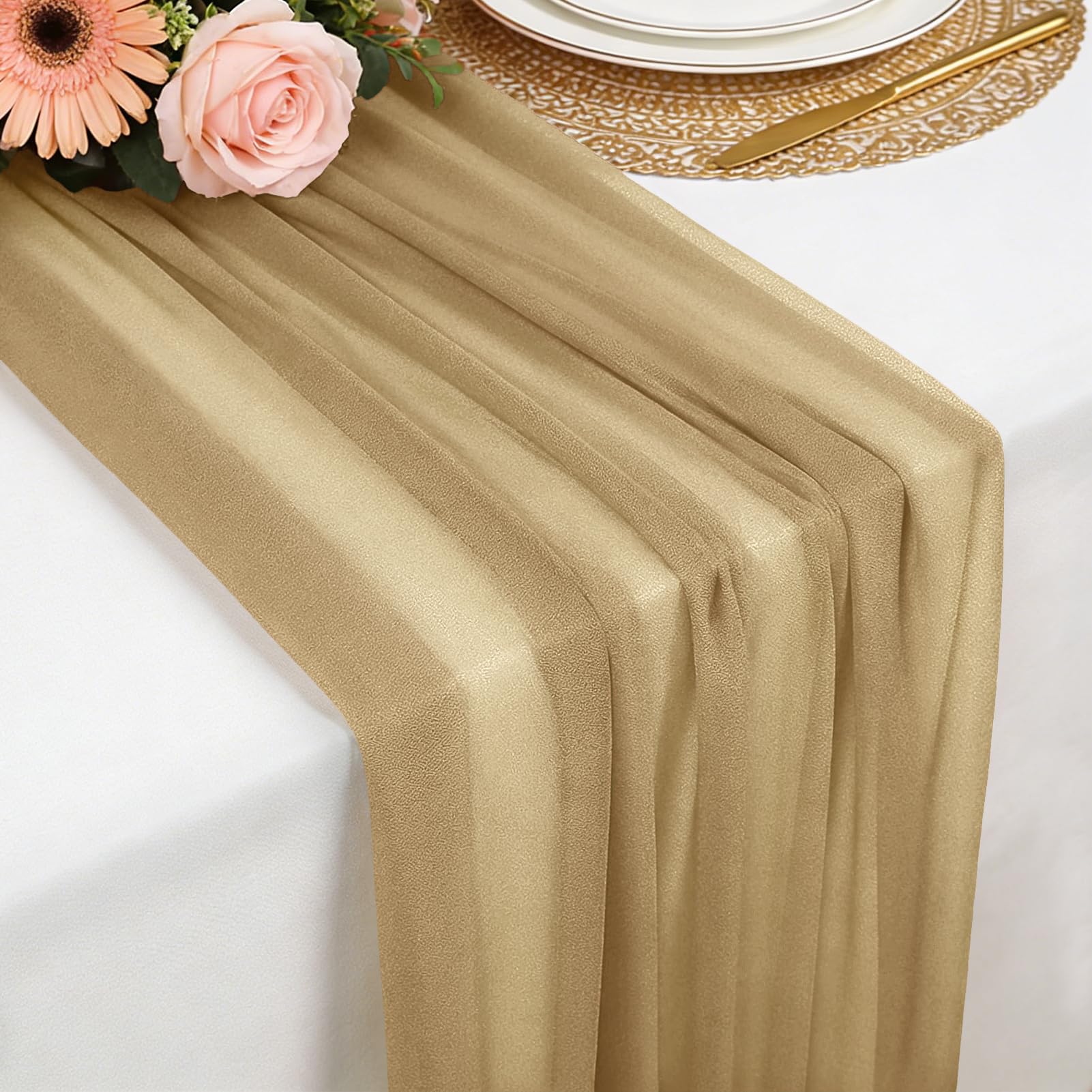 Tischläufer Dunkler Champagner Chiffon, 77 X 300 cm Weich und Bequem Tischläufer für Boho Hochzeit, Party, Taufe Dekor, Babyparty, Brautparty Küche Tisch Dekoration