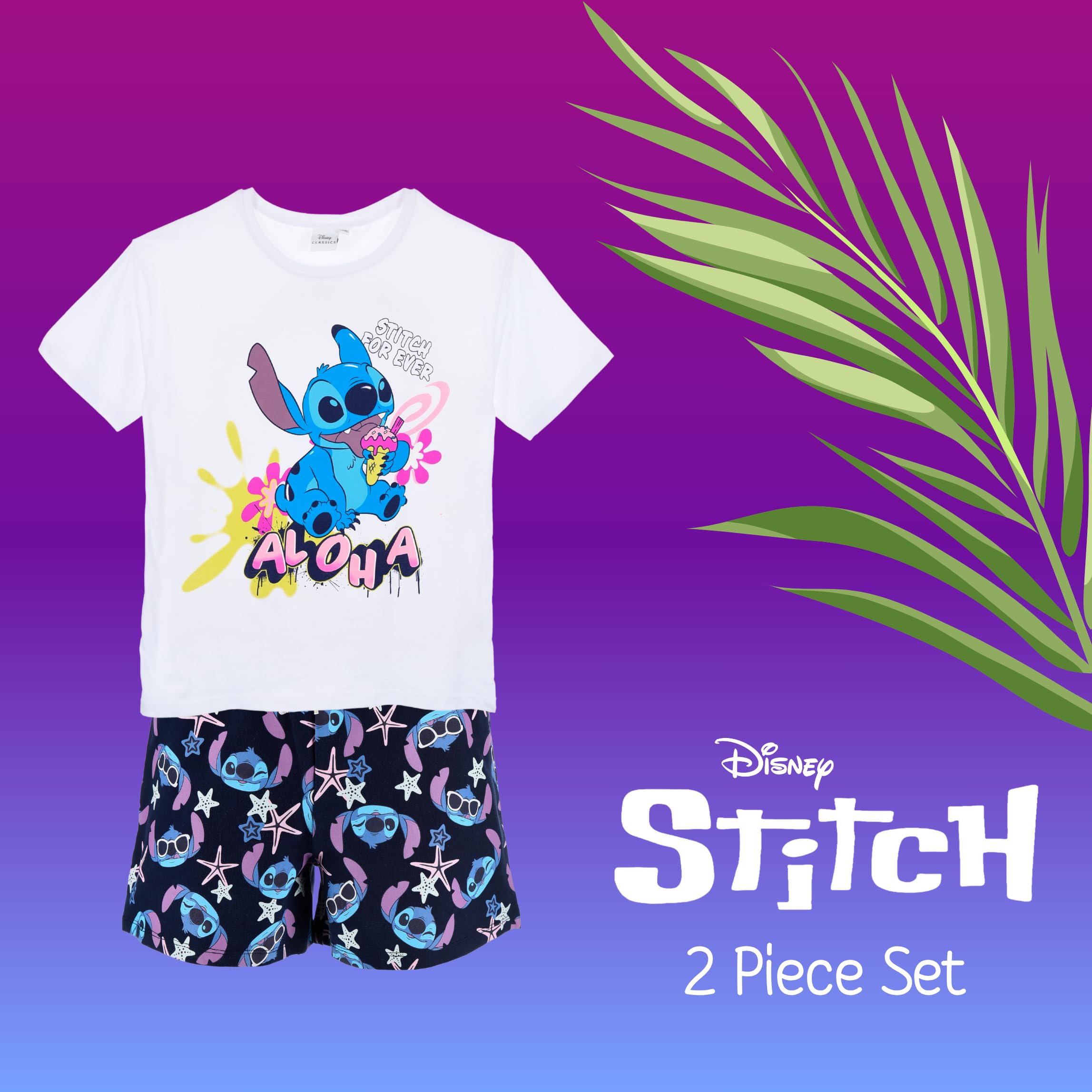 Disney Stitch Pyjama pour Fille, Ensemble 2 Pièces 'Aloha' Conception T-Shirt et Short, Taille 10 Ans | Blanc
