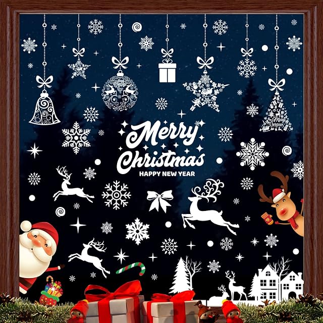 197 Pieces Window Stickers Christmas Window Clings Snowflake Reindeer Santa Claus Reusable PVC Decals for Glass Xmas Winter Decorations, 9 Sheet
