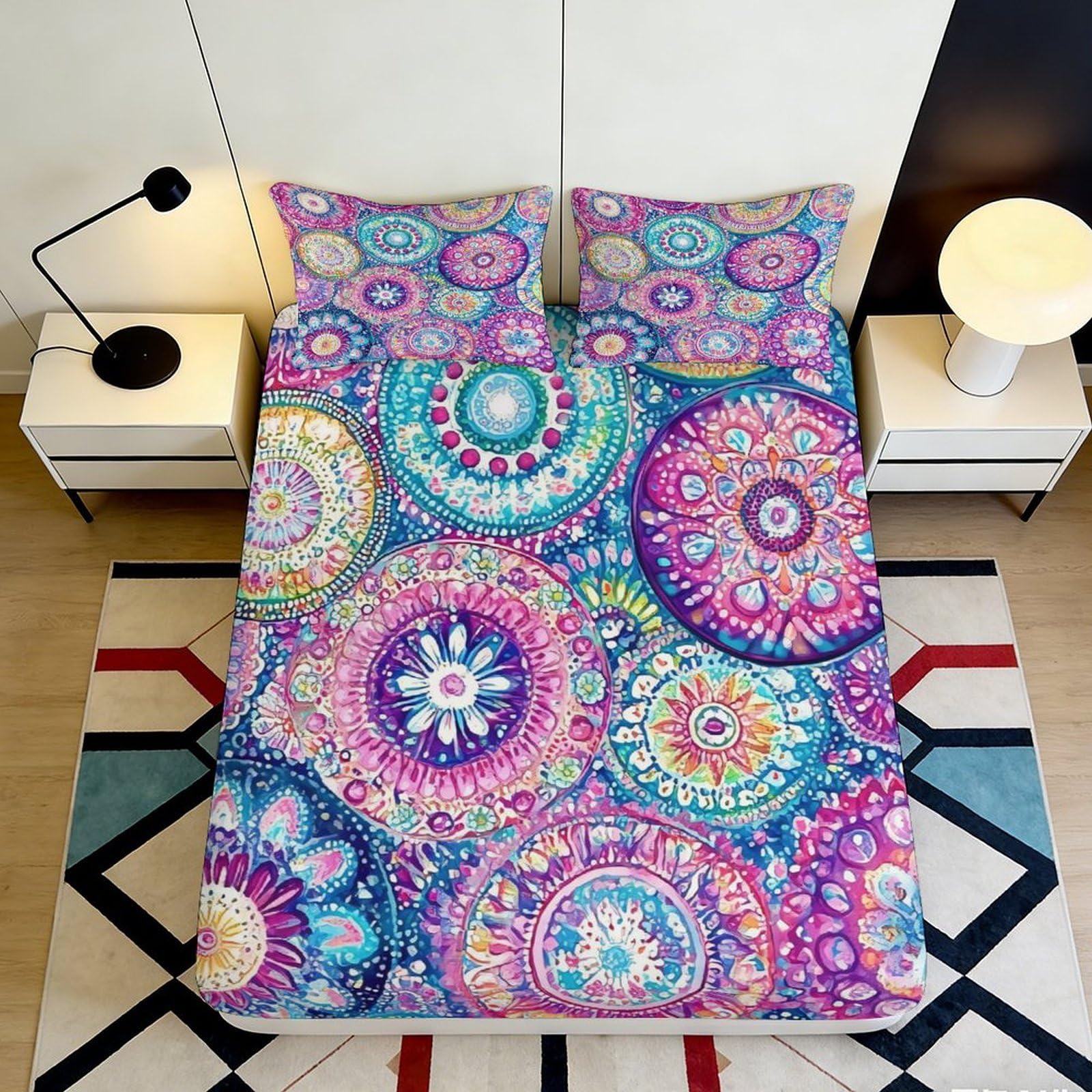 3D Printed Mandala Art Fitted Sheet Microfiber Colorful Boho Mosaic Mattress Cover Bedroom Guest Room Easy Care 160x200x25cm