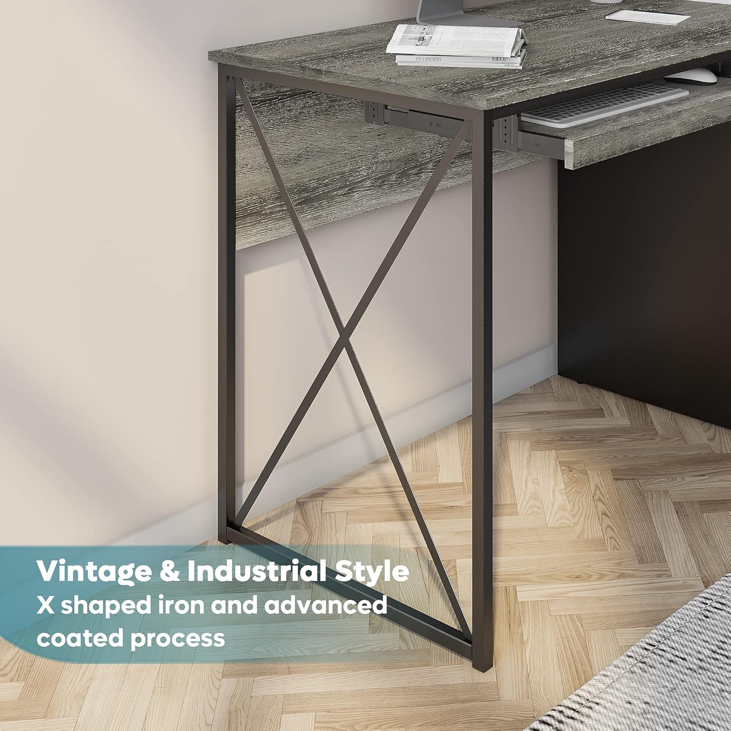 Bestier Office Desk with Drawers, 55 inch Industrial Computer Desk with Storage, Wood Teacher Desk with Keyboard Tray & File Drawer for Home Office, Dark Gray Oak