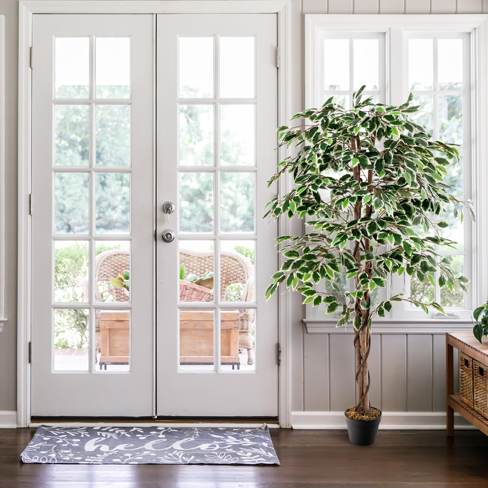 COSTWAY Albero di Fico Artificiale 160 CM, Pianta Finta da Interno con 1008 Foglie, Tronco Naturale in Legno, Vaso Robusto, Muschio Secco, Albero Finto per Casa, Ufficio, Soggiorno, Portico