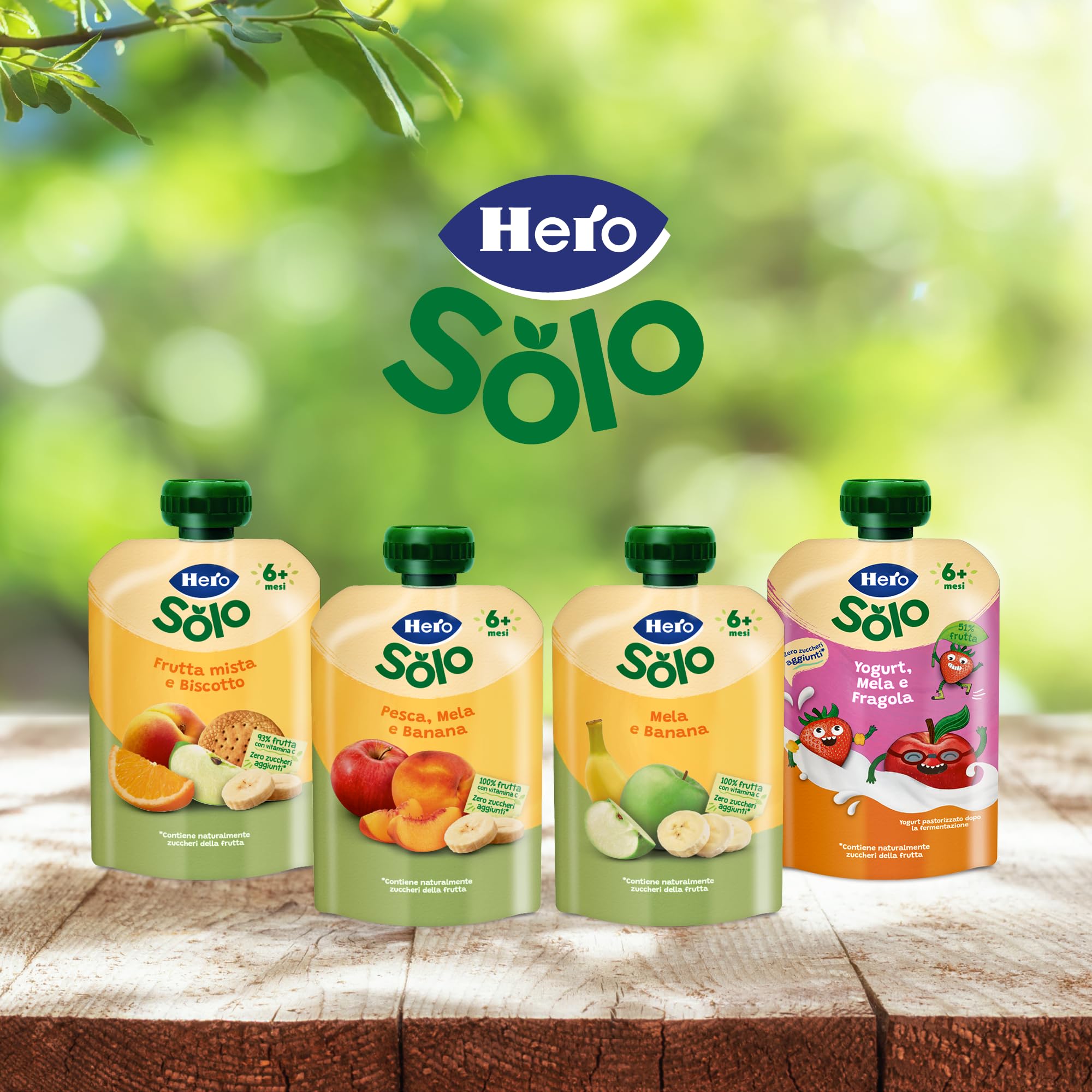 Hero Solo Pouch Frutta Pesca, Mela e Banana con Vitamina C – Senza zuccheri aggiunti, Senza glutine - Per bambini dai 6 mesi - 18 x 100 g
