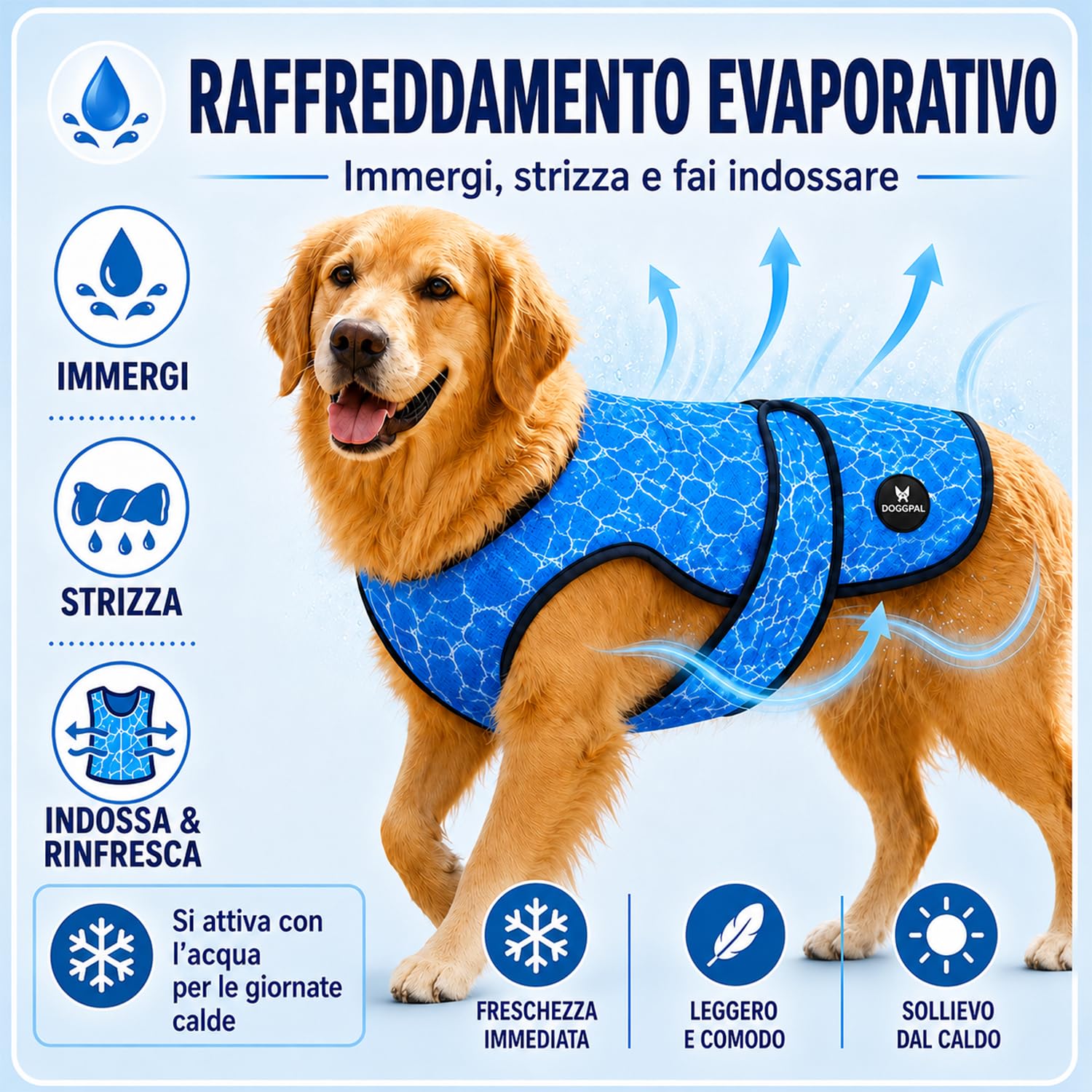 DOGOPAL Gilet Refrigerante per Cani, Giubbotto Rinfrescante Attivato dall'Acqua con Protezione UV, Maglia Estiva Leggera e Traspirante con Collo Alto per il Caldo, Passeggiate e Outdoor (Blu, XL)