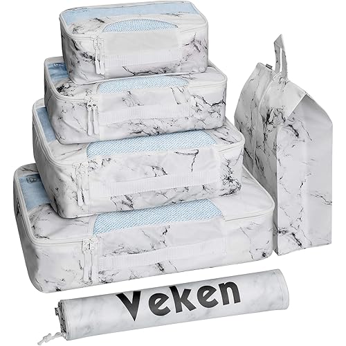 Veken 6 Set Packing Cubes, Travel Luggage Organizers with Laundry Bag Shoe Bag (White Mable)