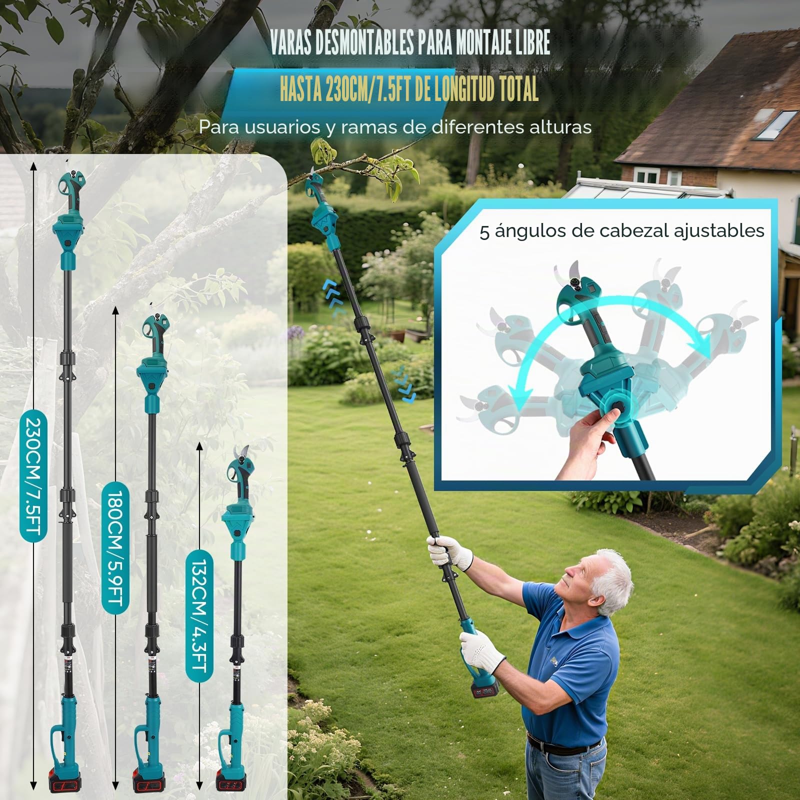 2 en 1 Tijeras de Podar Electricas con Pértiga, Tijeras de Podar Bateria, con 2 x 3000mAh Baterías, Podadora Electrica Bateria para Jardinería, Árboles Frutales