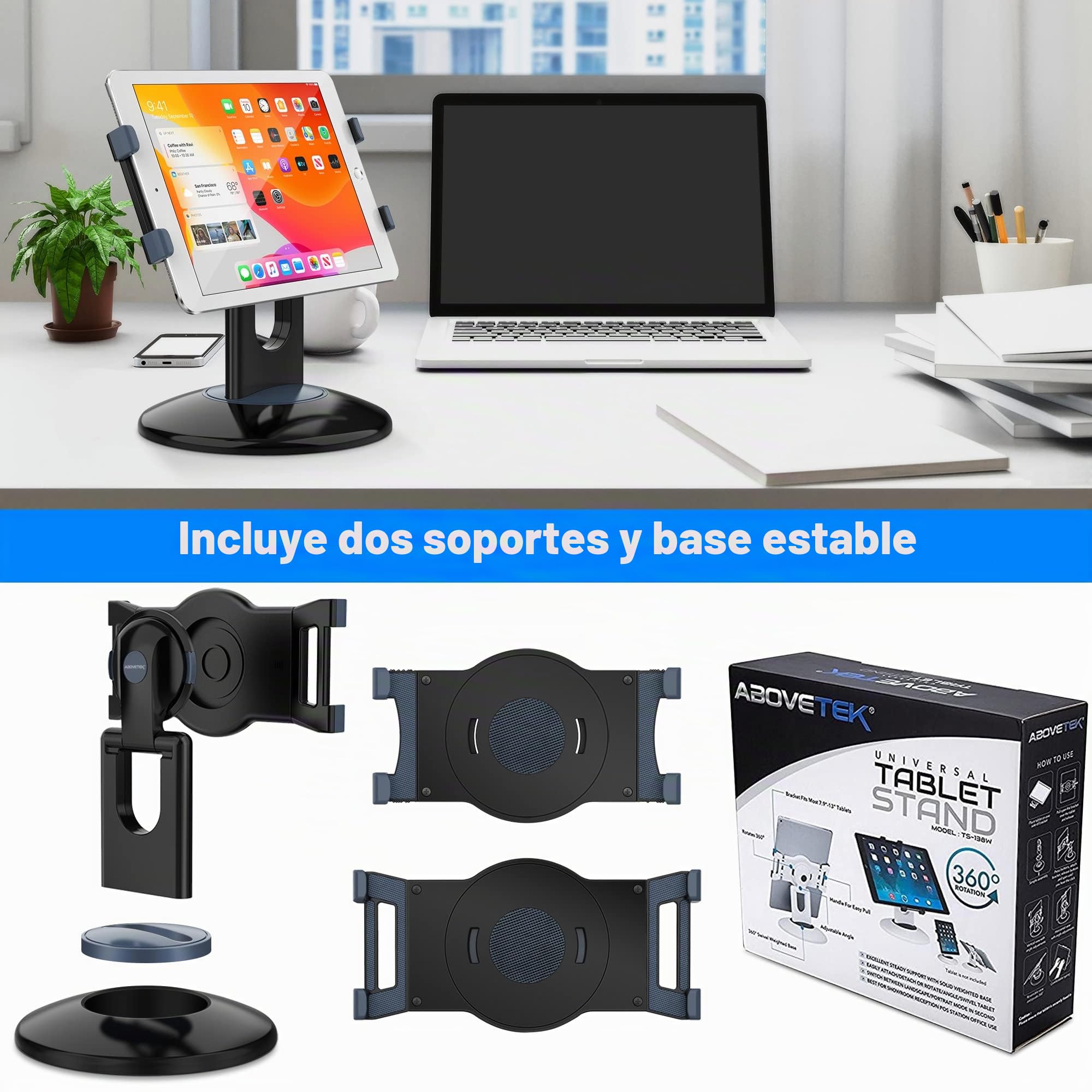 AboveTEK Soporte para iPad Kiosco Comercial con Base Giratoria 360°, Compatible con Tablets de 6” a 13” para Comercios, Oficinas y Puntos de Venta, Soporte POS para Tablet y Oficina (Negro)
