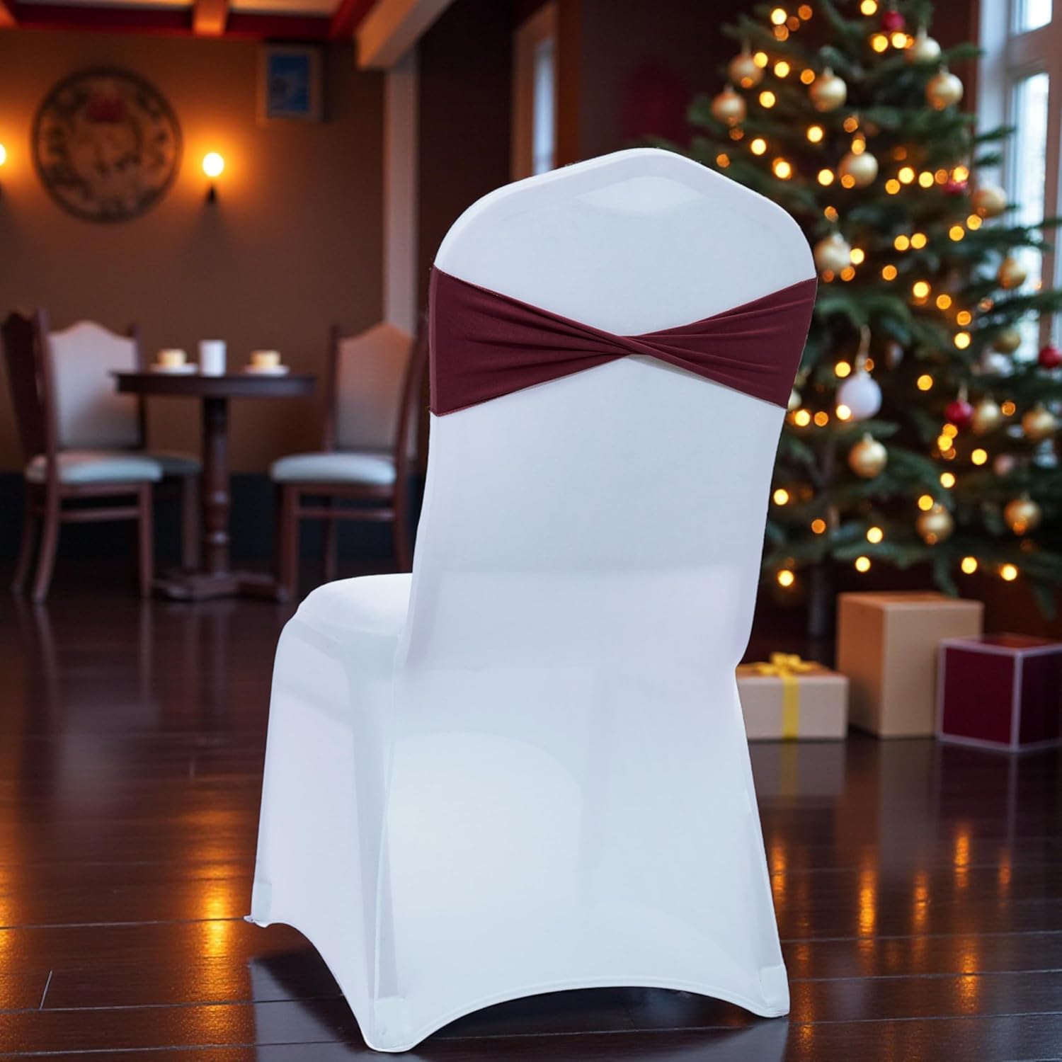 MDS 125 Pack Spandex Chair Sashes Elastic Chair Bands Plain No Buckle - Universal Fit Stretch Bands for Christmas Party, Wedding, Holiday Harvest Dinner, Thanksgiving, New Year Decor - Burgundy