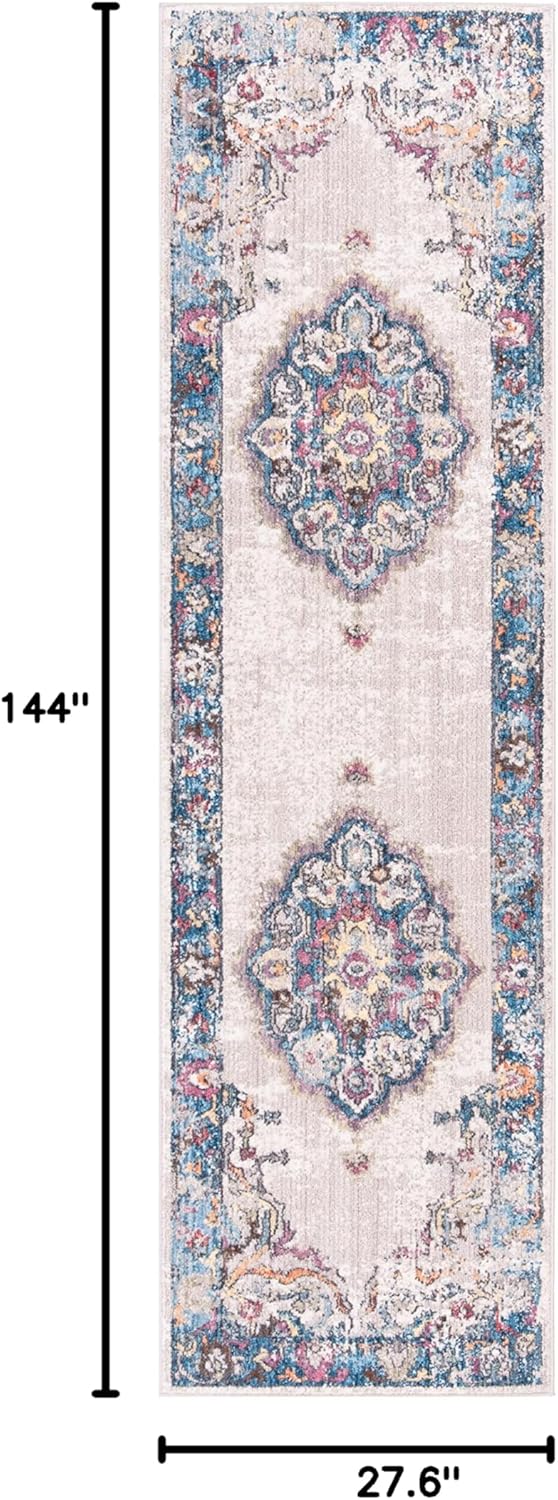 SAFAVIEH Bristol Collection Runner Rug - 2'3" x 12', Light Grey & Blue, Boho Chic Medallion Distressed Design, Non-Shedding & Easy Care, Ideal for High Traffic Areas in Living Room, Bedroom (BTL343A)