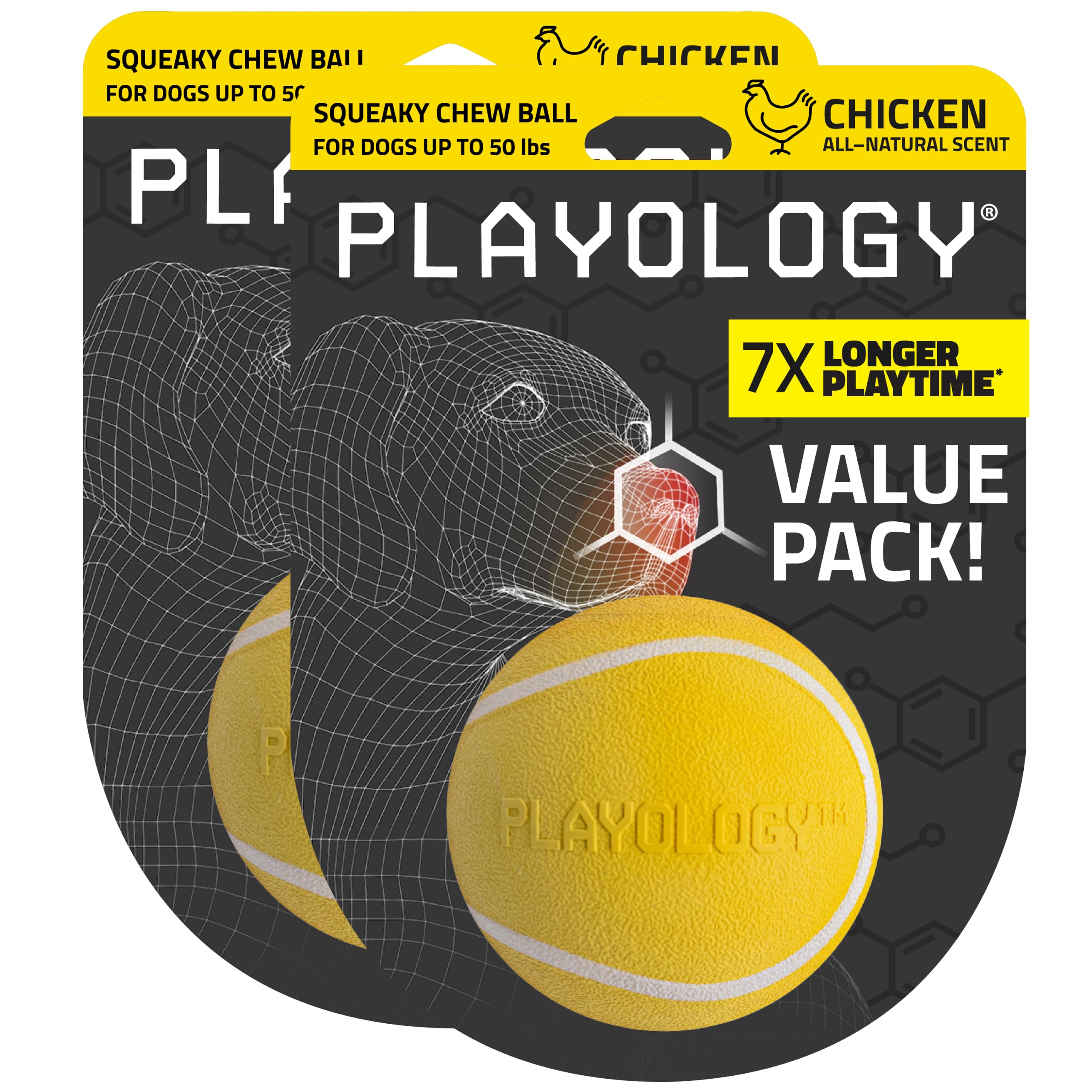 Playology Quietschender Kauball für Hunde, ansprechendes, natürliches Huhnduft, Hundespielzeug für mittelgroße Hunde bis zu 22,7 kg, Vorteilspackung, Quietschen, Hüpfen, Apportieren und Spielen