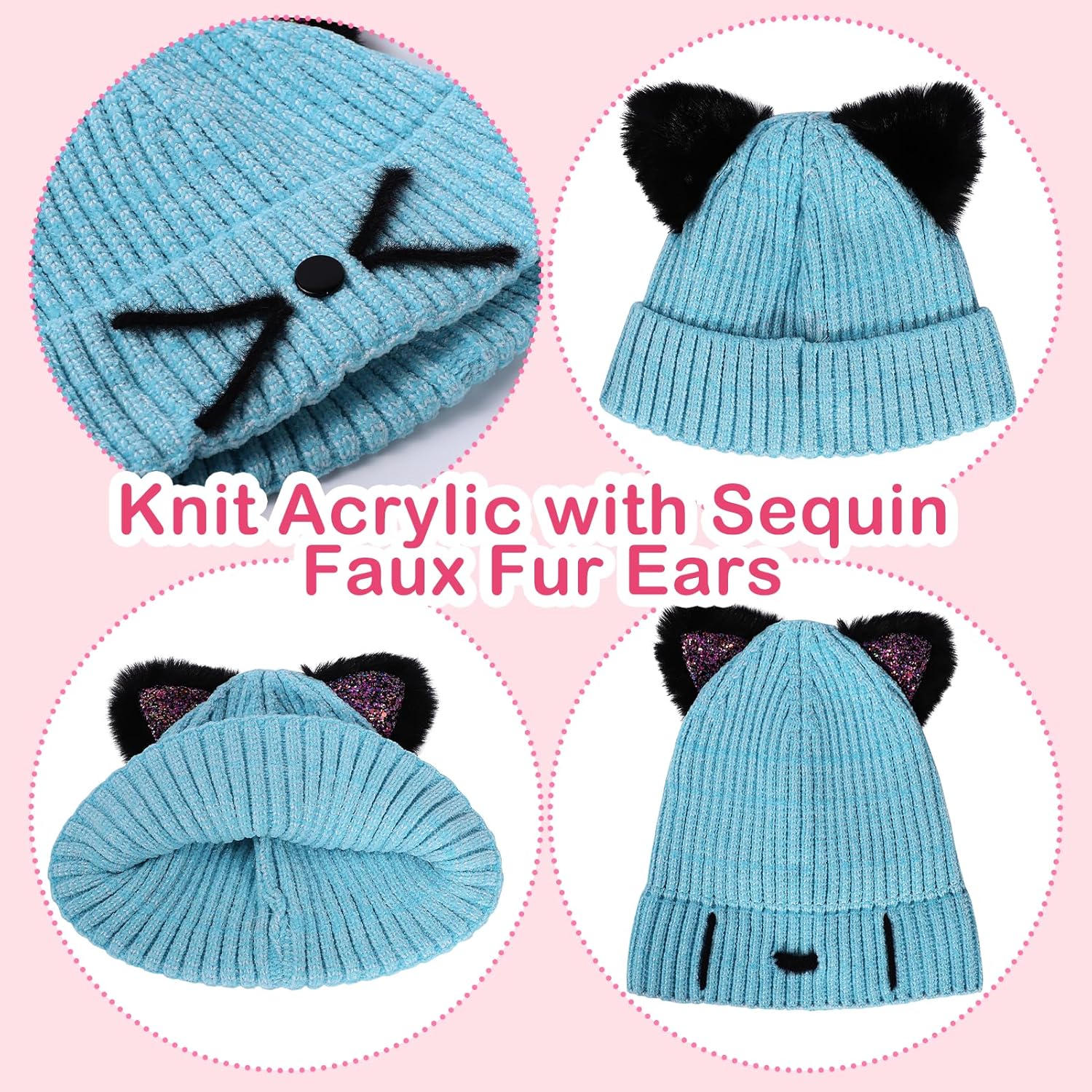 Kids Girls Sequin Cat Ears Hats Winter Knitted Beanie Hat for Outdoor Snow Ski Skull Cap Ages 7-12 - Image 5