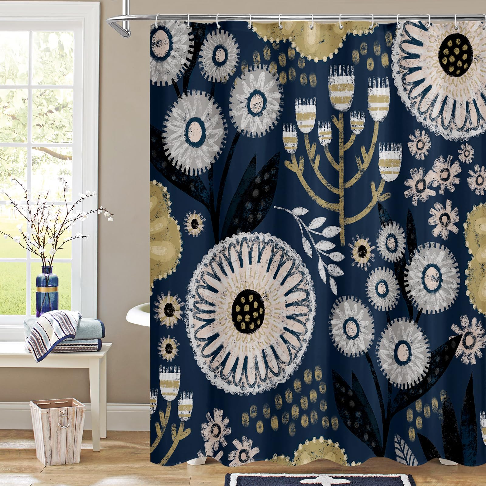 Boho Floral Shower Curtain, Dark Blue Botanical Fabric Curtain, 72 x 72