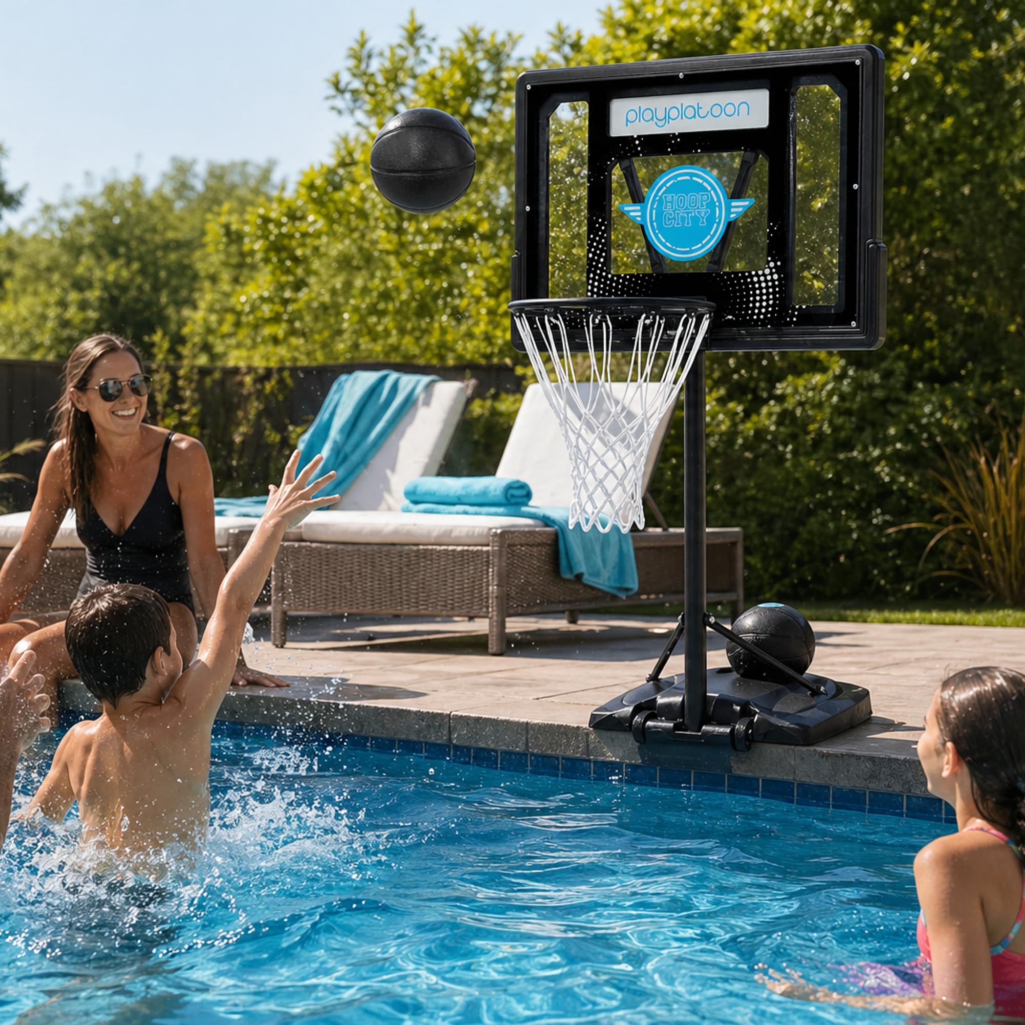 Photo 1 of Play Platoon Swimming Pool Basketball Hoop Poolside Above Ground Games for Family - Backboard Adjustable Height 3-4 Feet, Includes PU Leather Basket Ball & Air Pump - Great for Inground Pool Deck