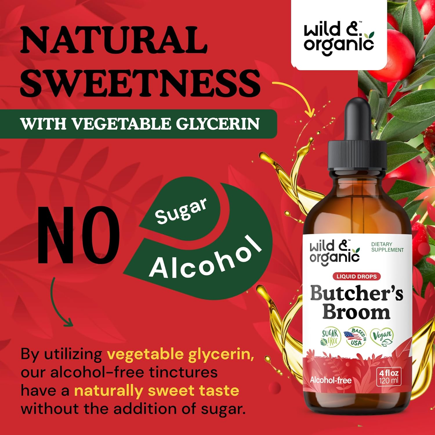 Wild & Organic Butchers Broom Tincture - Leg Support Supplement - Ruscus Aculeatus Root Drops - Herbal Butchers Broom Supplement - Vegan, No Alcohol & Sugar - 4 fl oz - Image 6