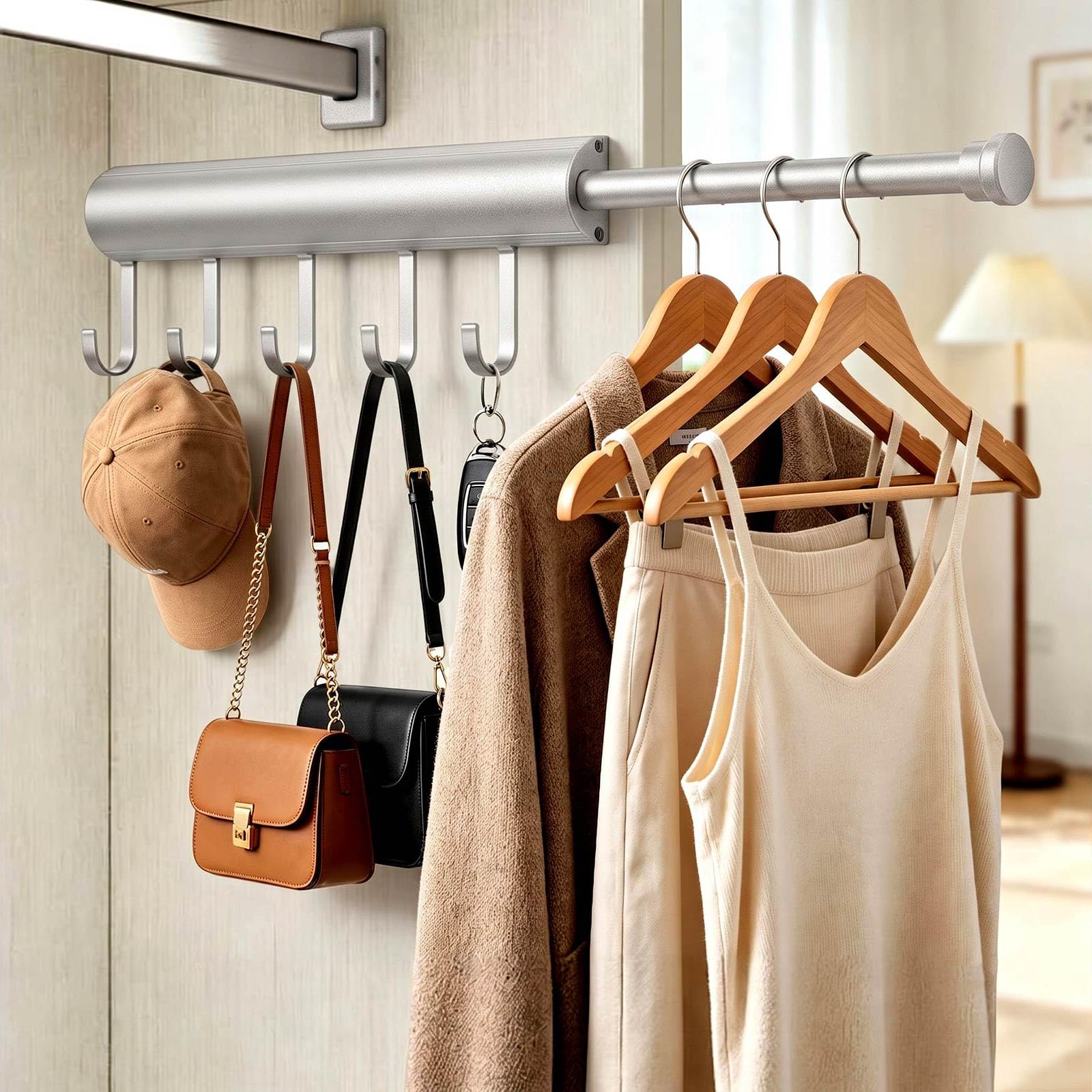 Photo 1 of 12 Inch Valet Rod for Closet Pull Out Heavy Duty Hidden Closet Valet Rod with 5 Hooks Retractable Slide Out Wardrobe Organizer Aluminum Valet Bar Silver 1 Pack