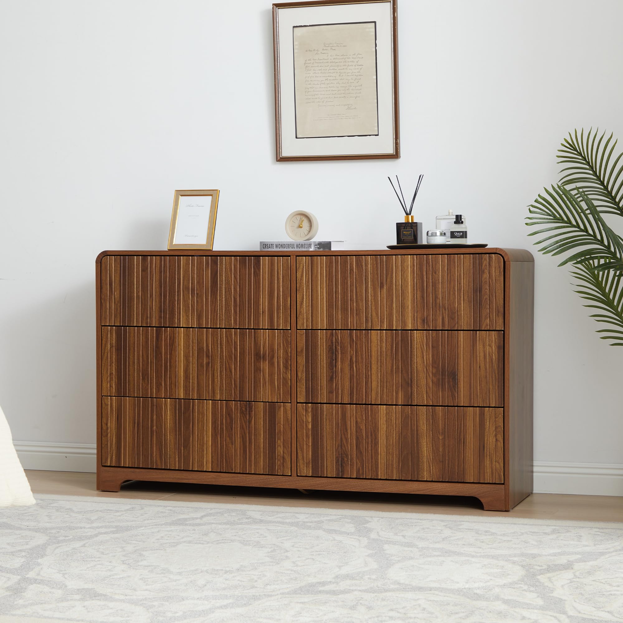 FurSch Fluted 6 Drawers Dresser for Bedroom, 53" Wide Mid Century Modern Chest of Drawers with Curved Profile Design, Large Wood Double Dresser for