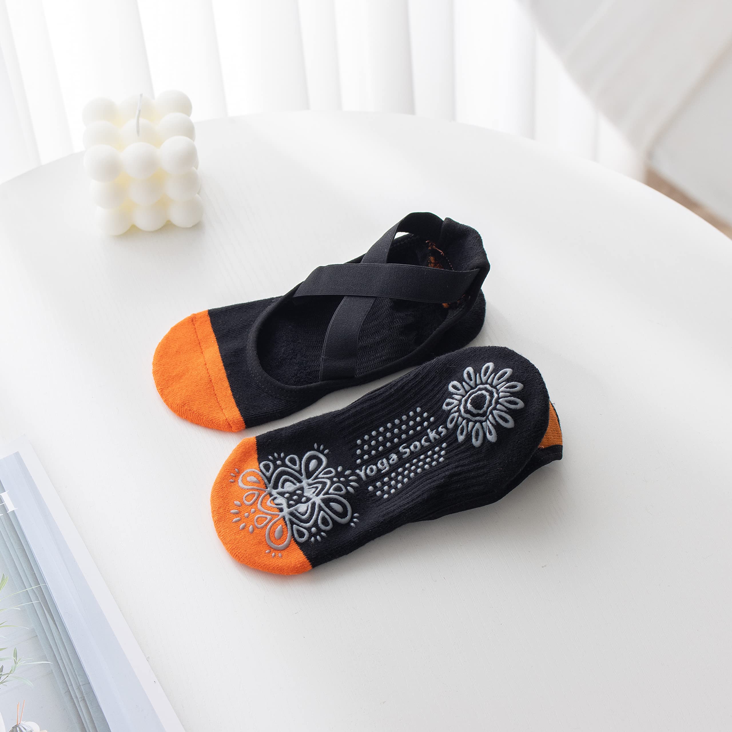 Yoga Pilates Socks with Grips Cross Band for Women Non Slip Cushioned Ankle Socks for Barre Ballet Dance (Orange)