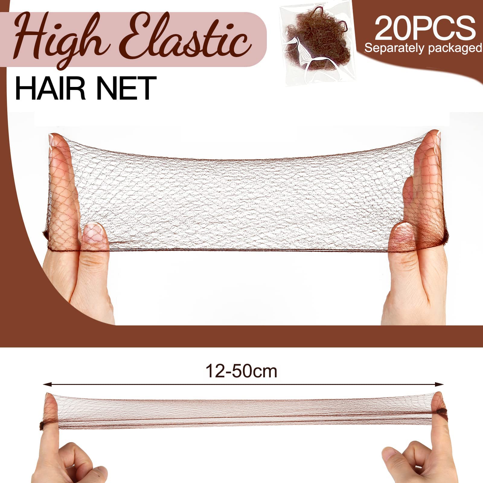 Kireida® Lot de 20 filets à cheveux invisibles emballés individuellement, avec bord élastique, filets à cheveux en maille, filet invisible pour cheveux longs et courts Marron