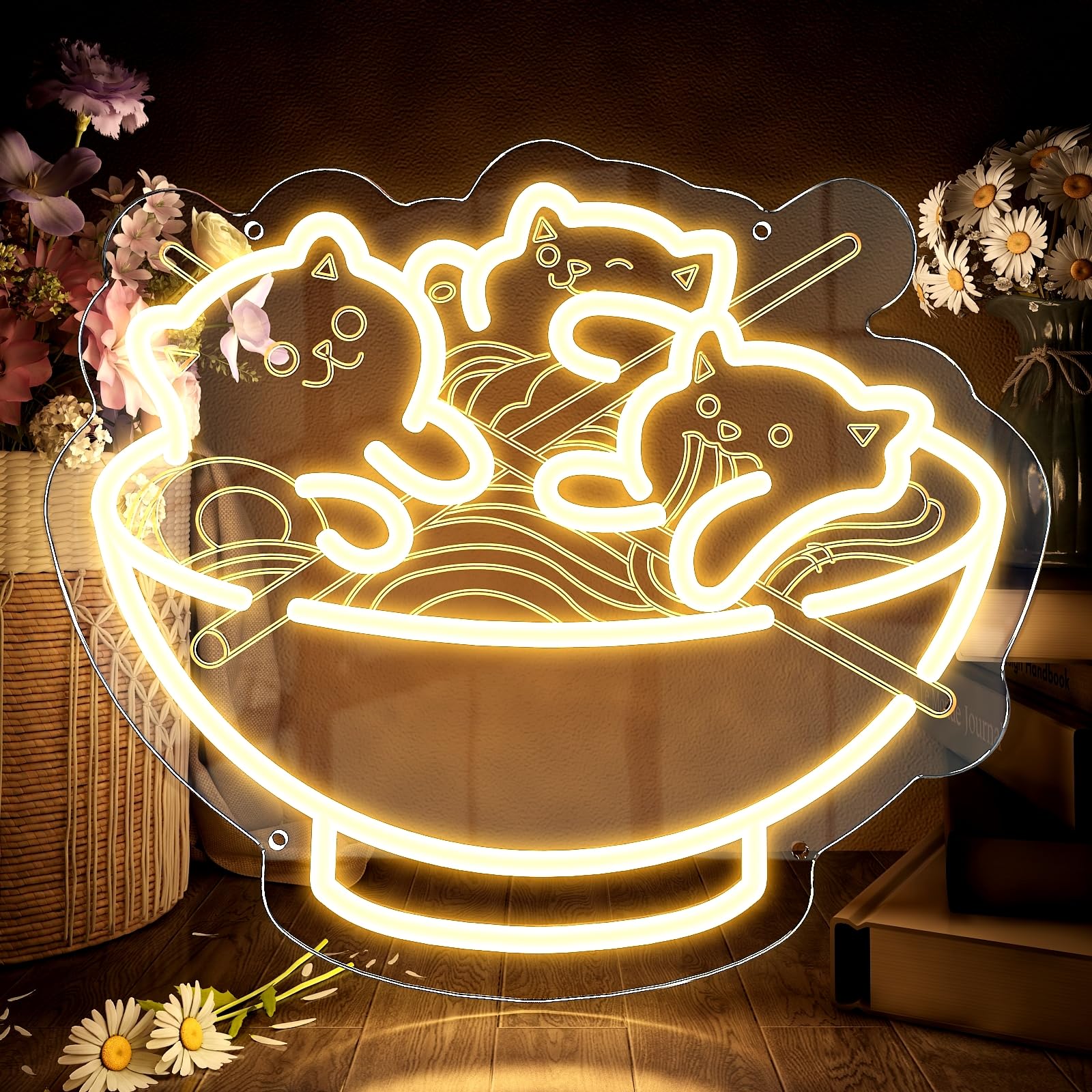 Ramen Cat Neon Sign, Warm White Cat Noodles Led Sign for Baby Girls Room, Dimmable Noodle Cat Light Up Neon Signs for Wall Decor Resturant Home Bar