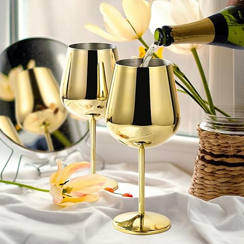 Miniatura 3 de LiqCool Juego de copas de vino doradas de acero inoxidable (paquete de 6)  Copa de vino irrompible de 21 onzas con decantador y tapón, perfecto para
