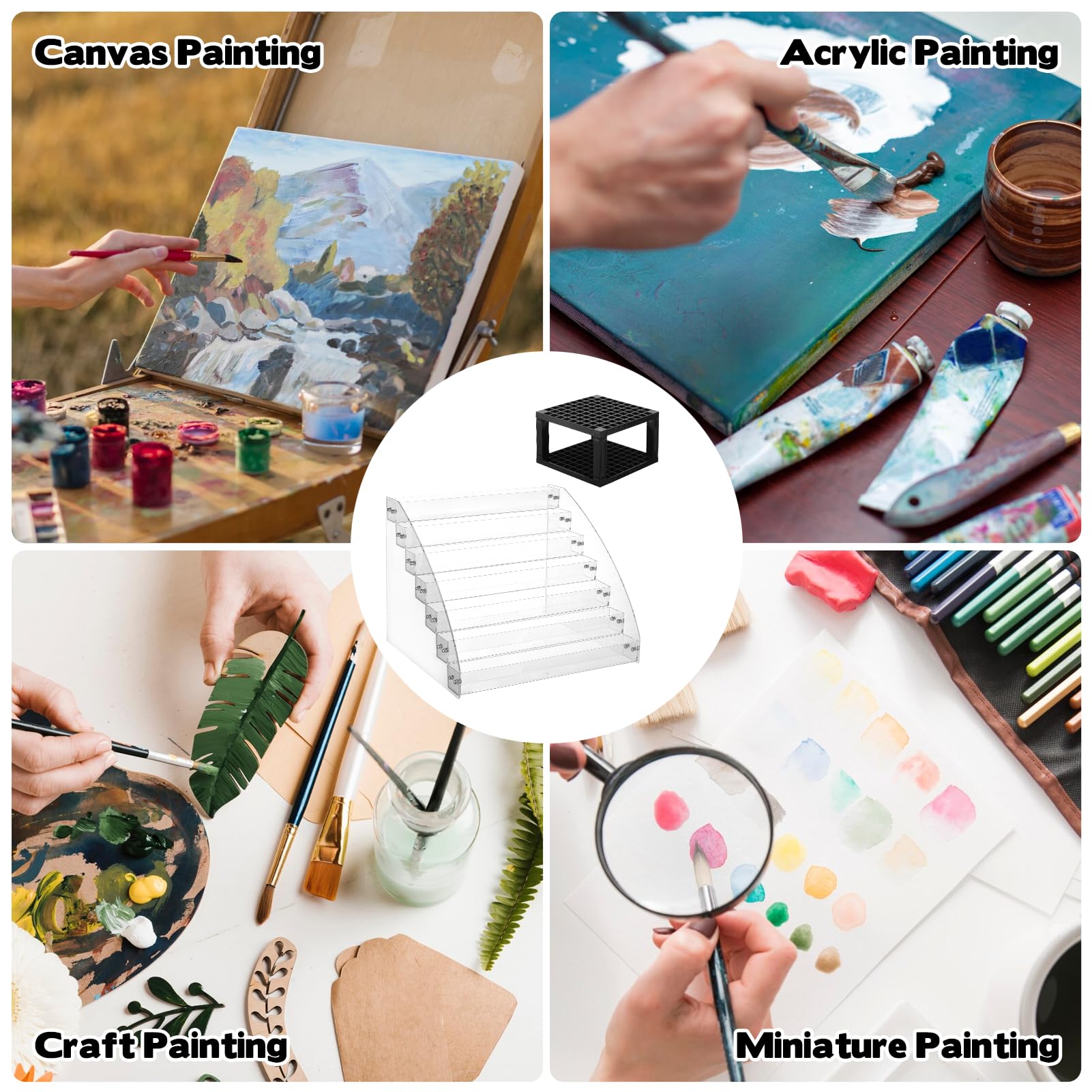 YEXEXINM Paquete de 2 organizadores de pintura acrílica transparente de 7 niveles con soporte para pinceles, juego de organizadores de pintura en miniatura, estante de almacenamiento de pinturas de 7