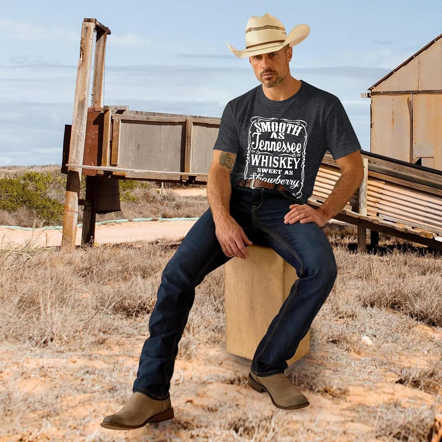 Mens Western Cowboy Shirts Retro Country Music T-Shirts Crew Neck image 3