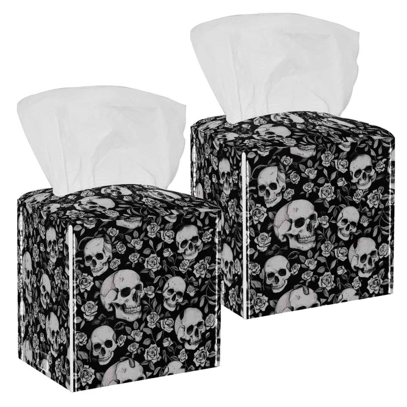 Skull Rose Tissue Box Cover, 2 Pack PU Leather Square Facial Tissue Dispenser Box holder for Home Office Car