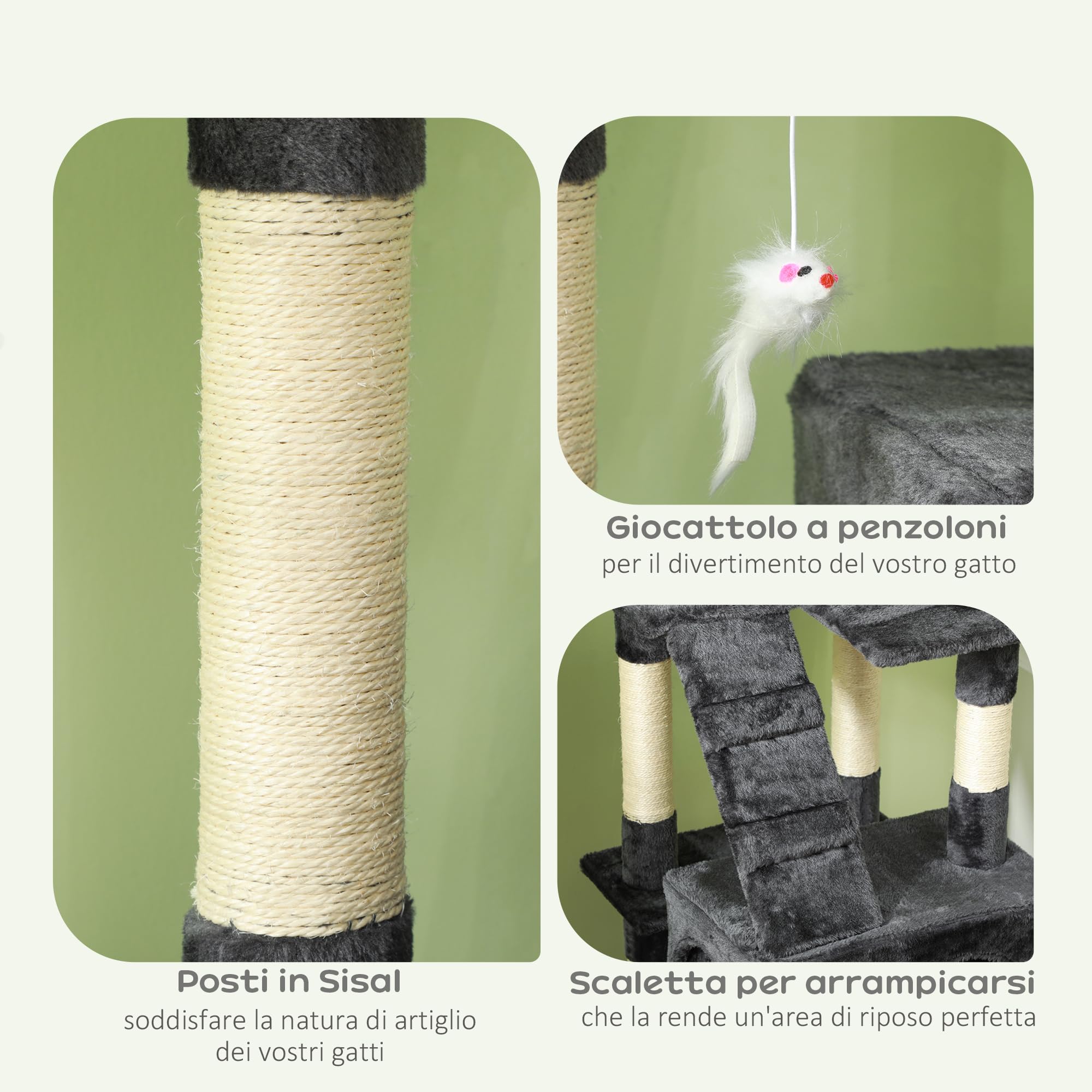PawHut Albero Tiragraffi per Gatti con 3 Posatoi, 49x49x173 cm Grigio | 2 Casette e Giochi Appesi, Torre per Gatti, in Truciolato e Peluche